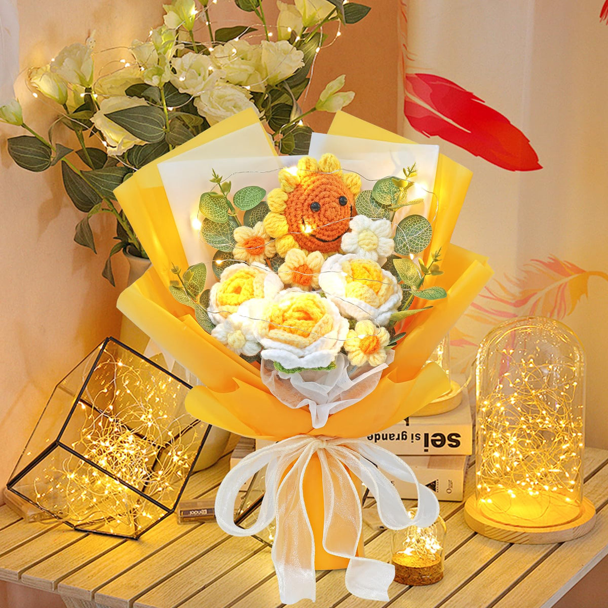 UXORSN Yellow Crochet Flower Bouquet for Mom Artificial Sunflower Finished Handmade Knitted Bouquet Preserved Flowers Fake Rose Crochet Kits Gift for Birthday Anniversary Graduation