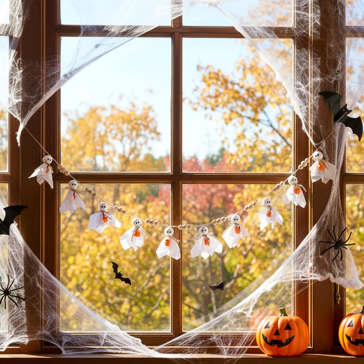 Cute Halloween Ghost with Wooden Beads Garlands, Handmade Rustic Halloween Banner for Wall Home Indoor Outdoor Spring Decor Supplies (Pumpkin)