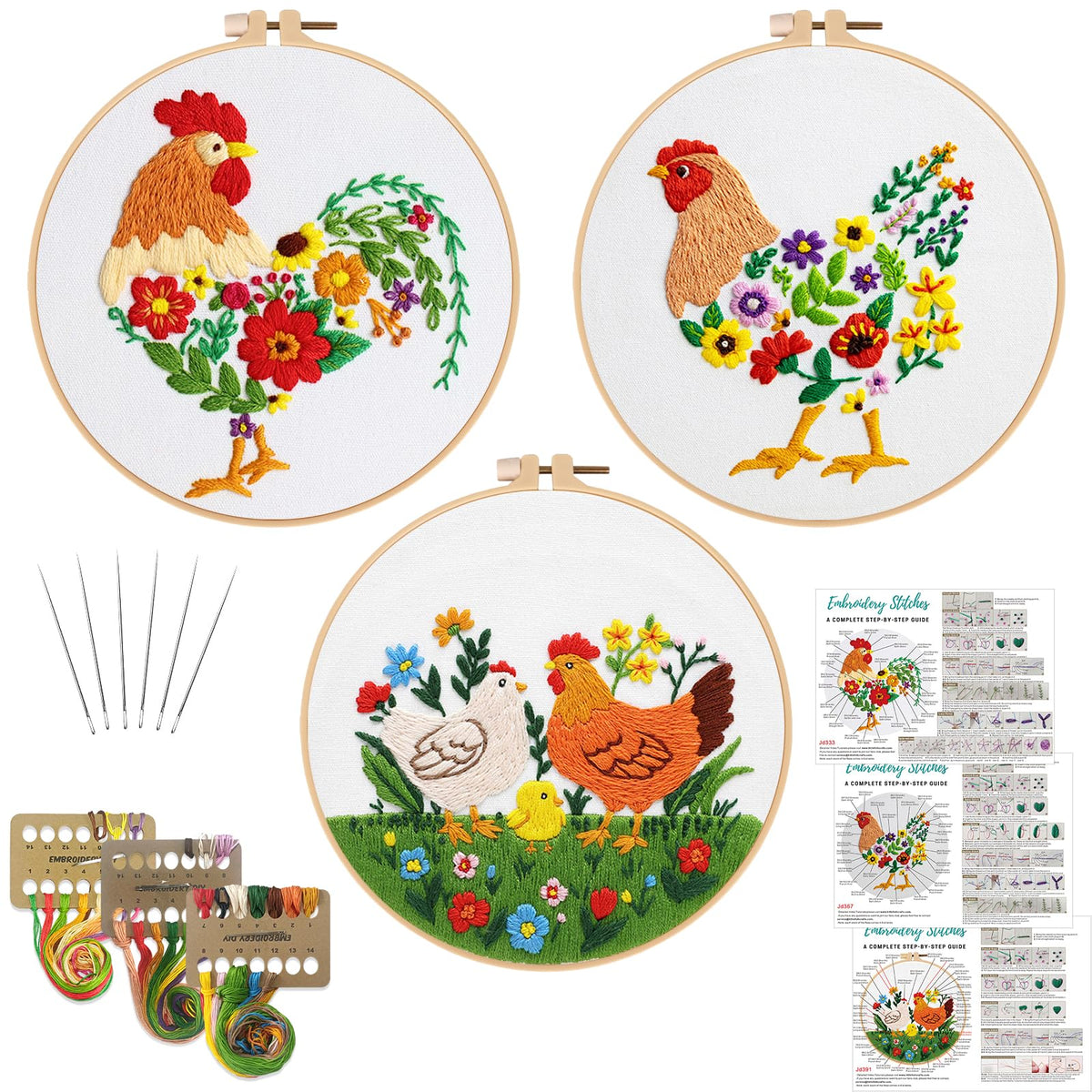 Louise Maelys 3 Sets Chicken Embroidery Kits for Beginners,Cross Stitch Kit for Adults,Art Craft Starters Needlepoint with Rooster,Hen and Farm Lawn Pattern and Tool