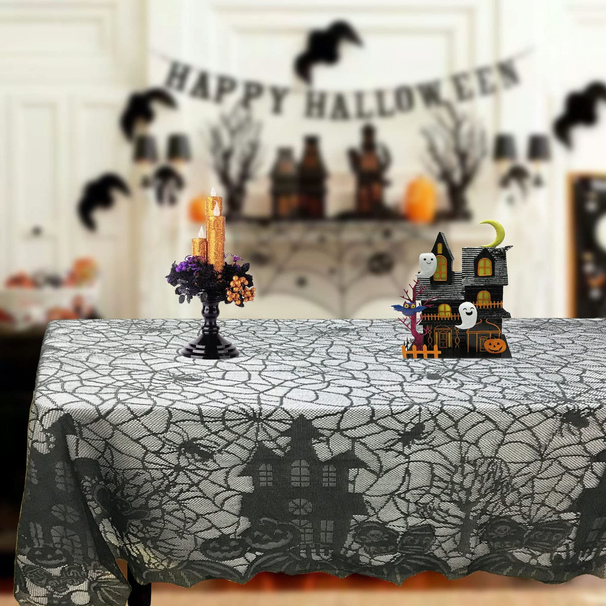 Joysail Halloween Tablecloth - Gothic Black Lace Spider Web Table Cover for Halloween Masquerade, Dinner Party, Scary Movie Nights Table Decorations - 53x68 Inches