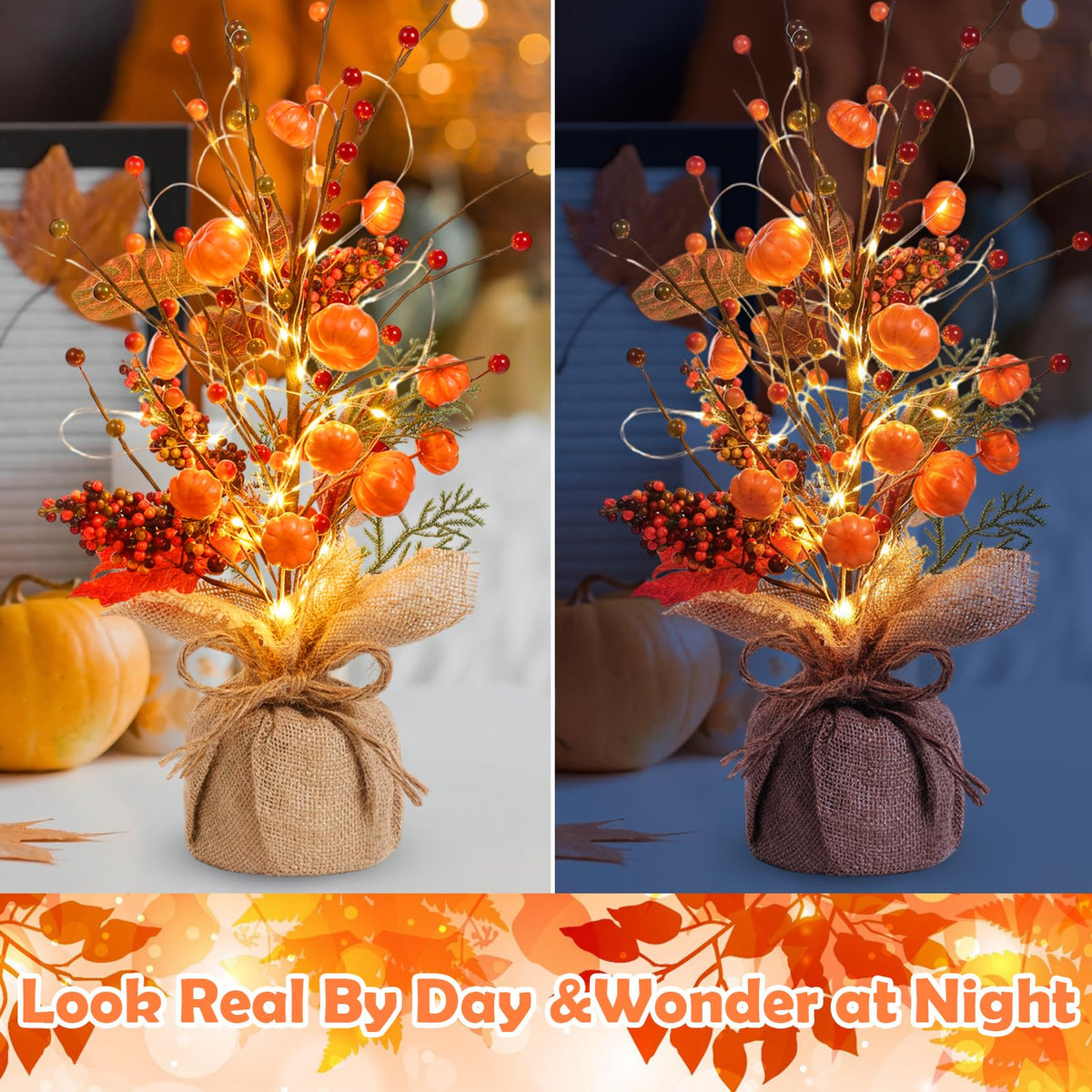 Pinkunn Fall Thanksgiving Centerpieces for Tables Decorations 16 Inch Lighted Fall Tree Tabletop with Artificial Pumpkins Berries Leaves Burlap Base Autumn Decor for Home Indoor Office Desk Party