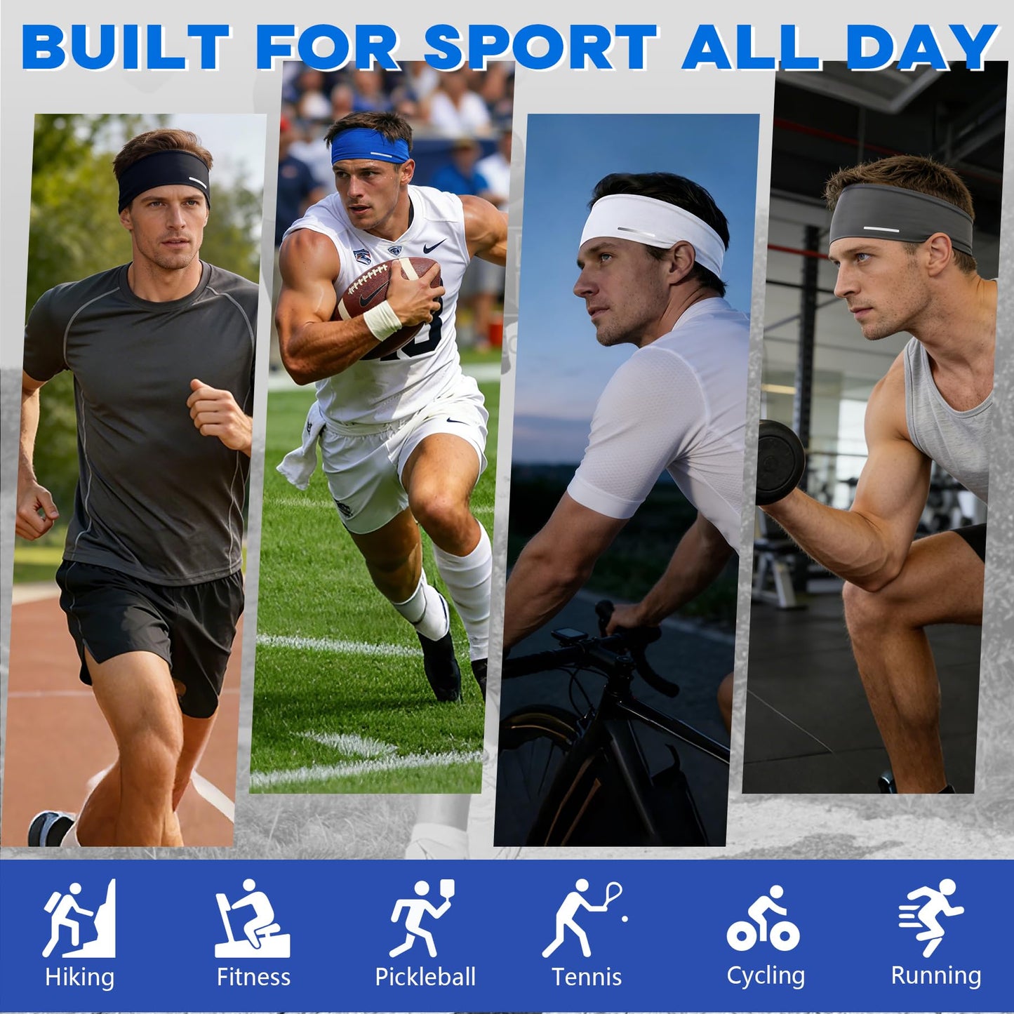 Sukeen Lightweight Sports Headbands for Men, Moisture Wicking Sweat Bands Headbands Non-Slip, Reflective Elastic Mens Headband for Running, Cycling, Gym, Fitness, Sports, White