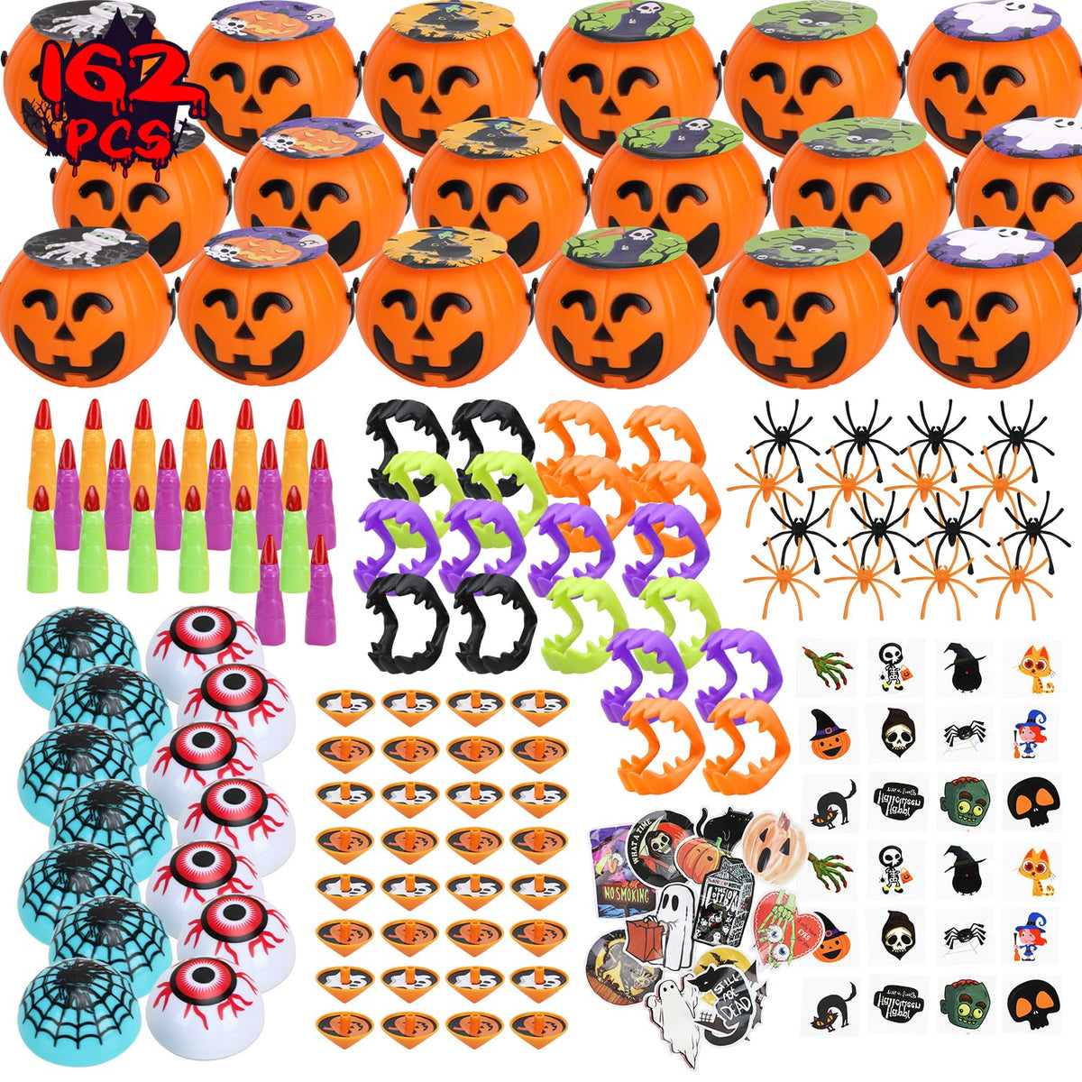 TOY Life Halloween Toys Prefilled Pumpkins Buckets Halloween Party Favors for Kids Bulk, 162Pcs Halloween Pinata Stuffers Mini Bucket Goodies Bag Classroom Prizes Trick or Treats