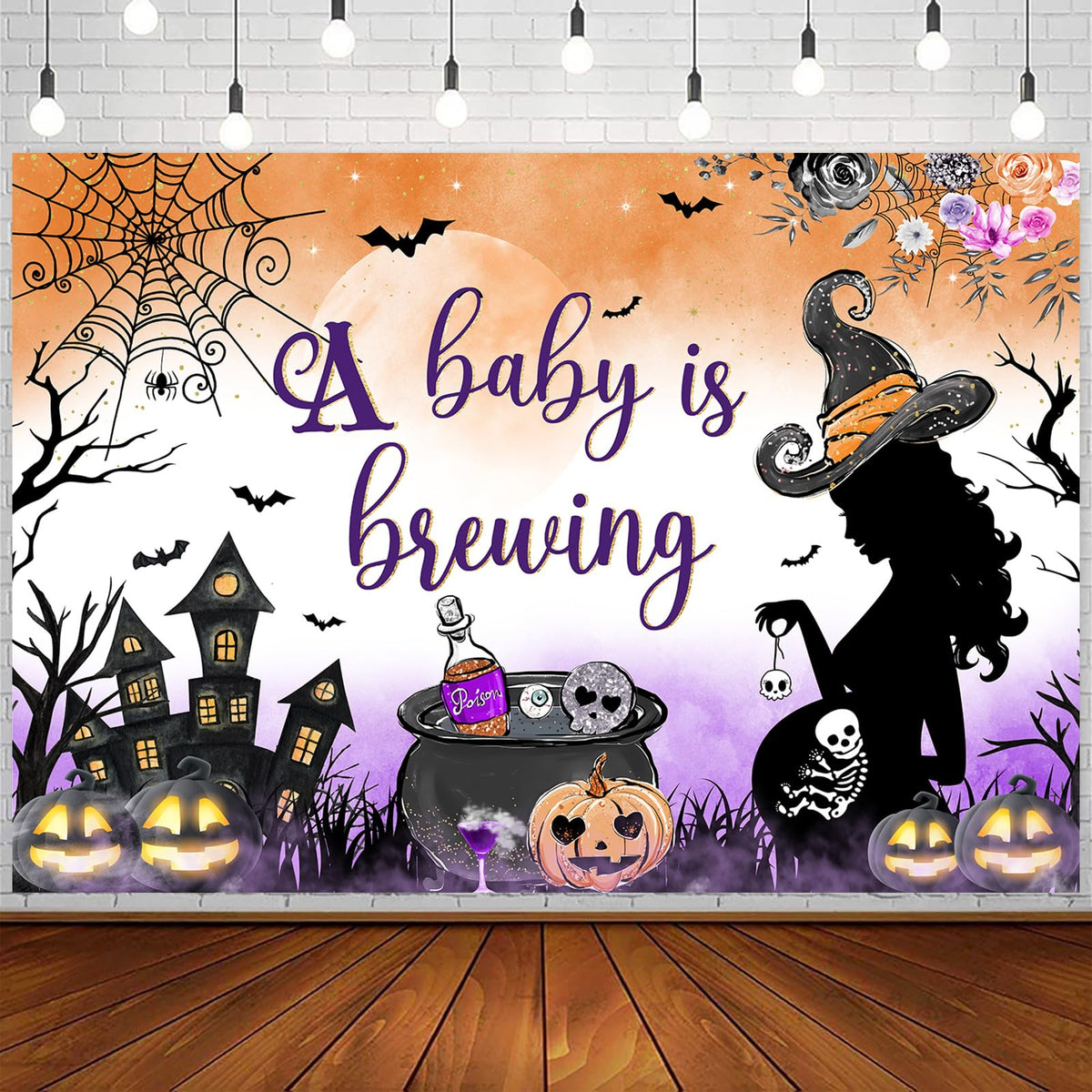 Withu A Baby is Brewing Backdrop Halloween Baby Shower Pregnant Witch Pumpkin Cobweb Haunted House Castle Gender Reveal Baby Boy Girl Newborn Party Decoration Banner Background 6x4ft