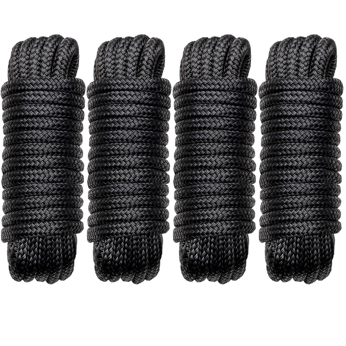 Boat Dock Lines Marine Rope - 1/2" x 15ft with Pre-Spliced 12" Loop Double Braided Nylon Ropes Bumper Tie Mooring Line for Boats Docking Pontoon Boating Accessories - 4 Pack Black