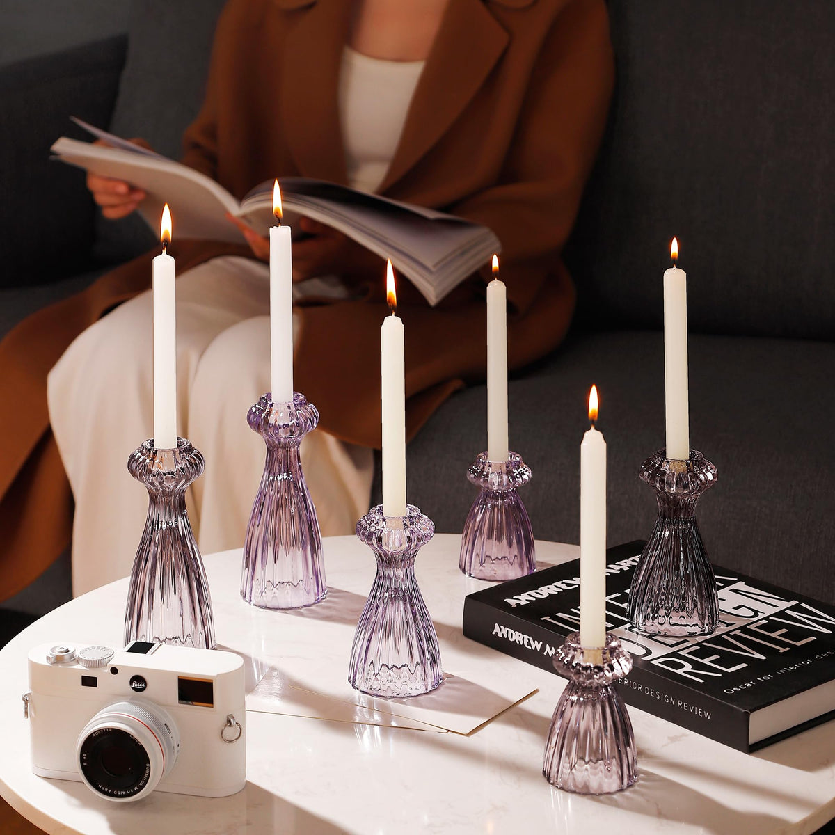 Lysenn Glass Candle Stick Holder Set of 3 – Premium Taper Candle Holders for Romantic Ambiance - Candle Sticks Holder Decor for Special Occasions - Smoke Gray