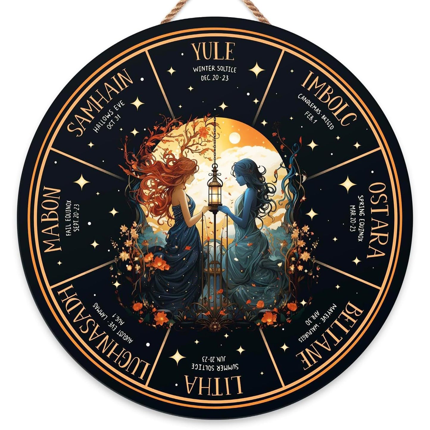 RIVEENY Wheel Of The Year Wall Hanging，12"Witchcraft Knowledge Sign Moon Decor Halloween Witch Decor Kitchen Witchery Sign Wizards Sign Celestial Decor Moon Phases Meanings Plaque (GJ036)