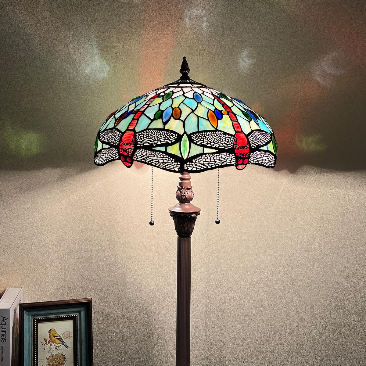 Capulina Tiffany Lamp Stained Glass Floor Lamp 2-Light 63 Inches Tall Industrial Dark Bronze Pole Fine Sky Dragonfly Tiffany Style Standing Floor Lamp for Living Room Bedroom Home Office