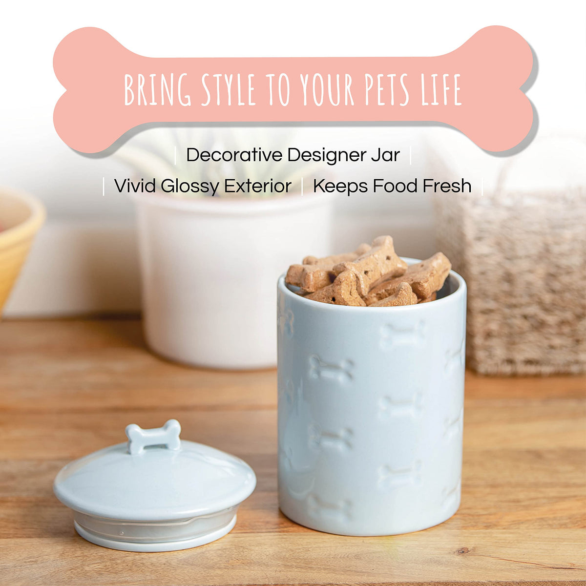Park Life Designs Ceramic Treat Jar, Kitchen Countertop Container for Dogs, Cats, Puppies and More, Chic Container with Airtight Lid for Cookies, Biscuits and Treats (Manor) (Bones, White, 1.4 Qt)