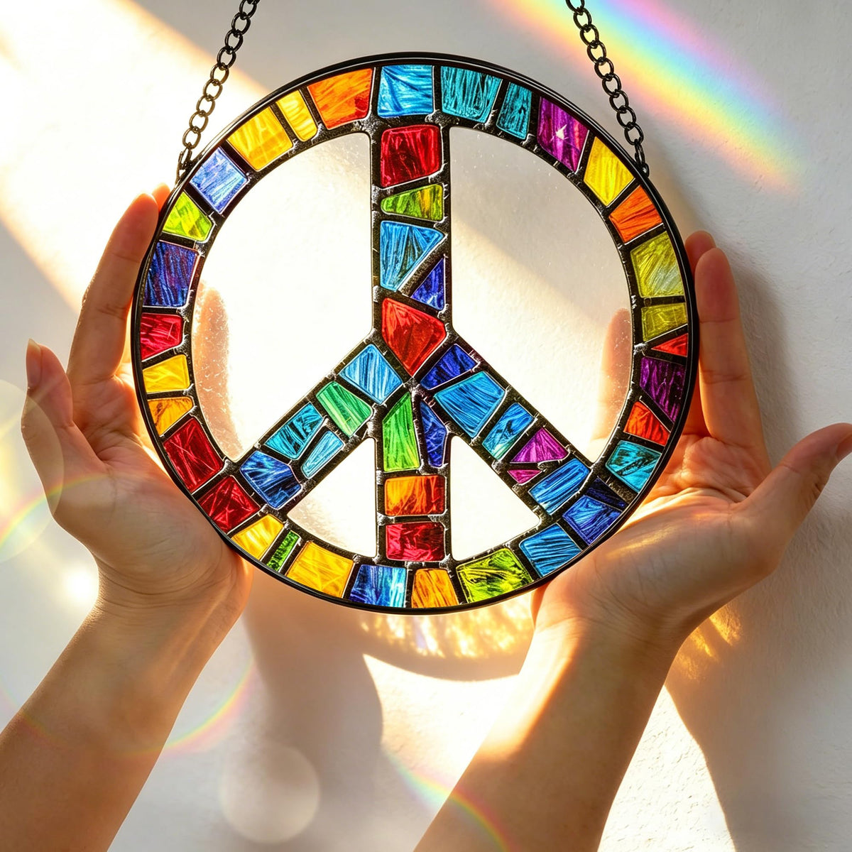 Stained Glass Window Hanging, 7.8 Inch Peace Sign Hippie Stained Glass Suncatcher Ornament, Suncatchers for Windows Hanging, Peace Symbol Decor, Hippie Gifts, Christmas Birthday Gifts for Women
