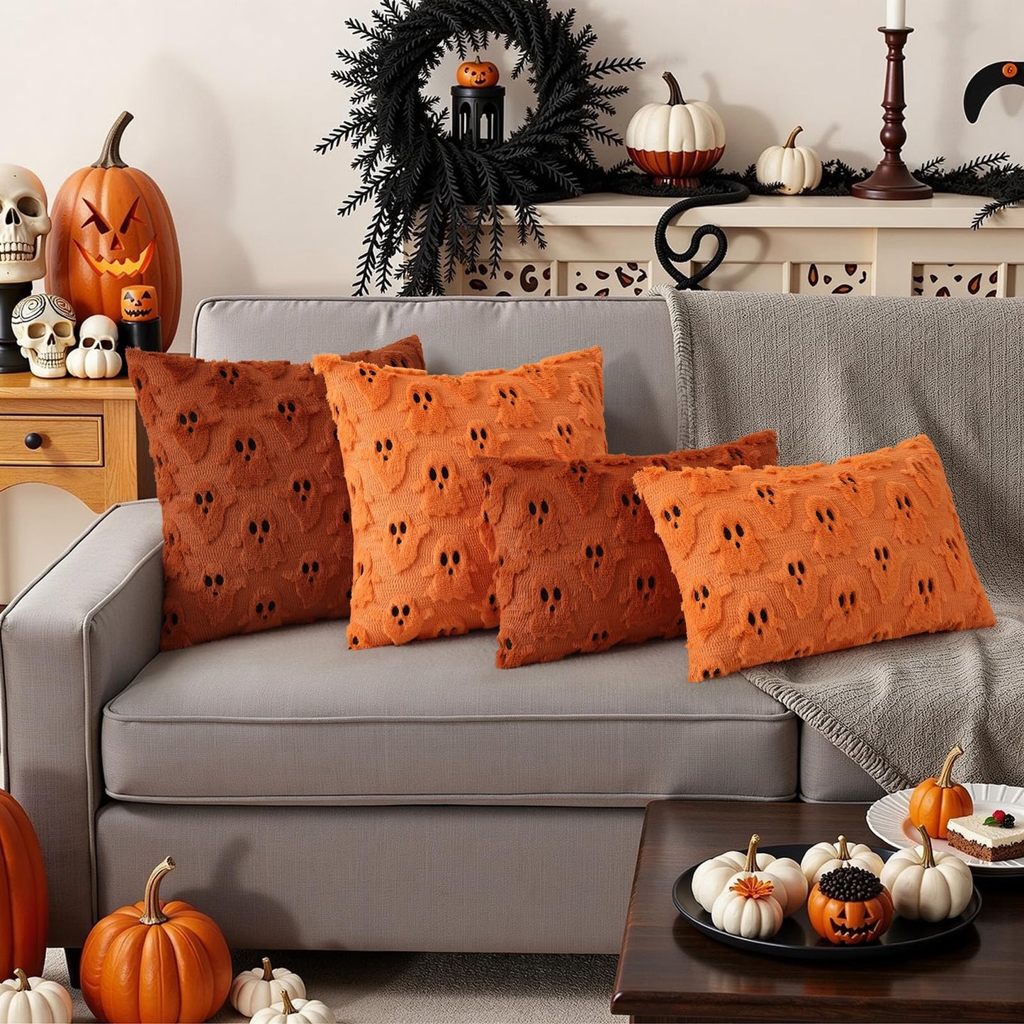 decorUhome Fall Halloween Ghost Pillow Covers 18x18 Inch Pack of 2 Soft Plush Faux Wool Textured Throw Pillow Covers Cute 3D Ghost Decorative Cushion Cases for Couch Sofa Bedroom Home Decor, Orange