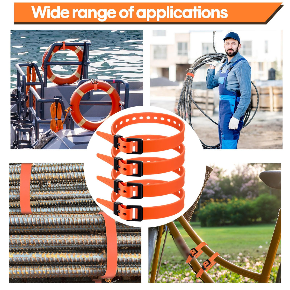 Blulu 4 Pack Reusable Industrial Straps 16" Length Reliable Tension Straps for Securing Bike Motor Gear -60 Lb. Working Load, Elastic Cable Ties for Welders Skis, Garden Hoses(Orange)
