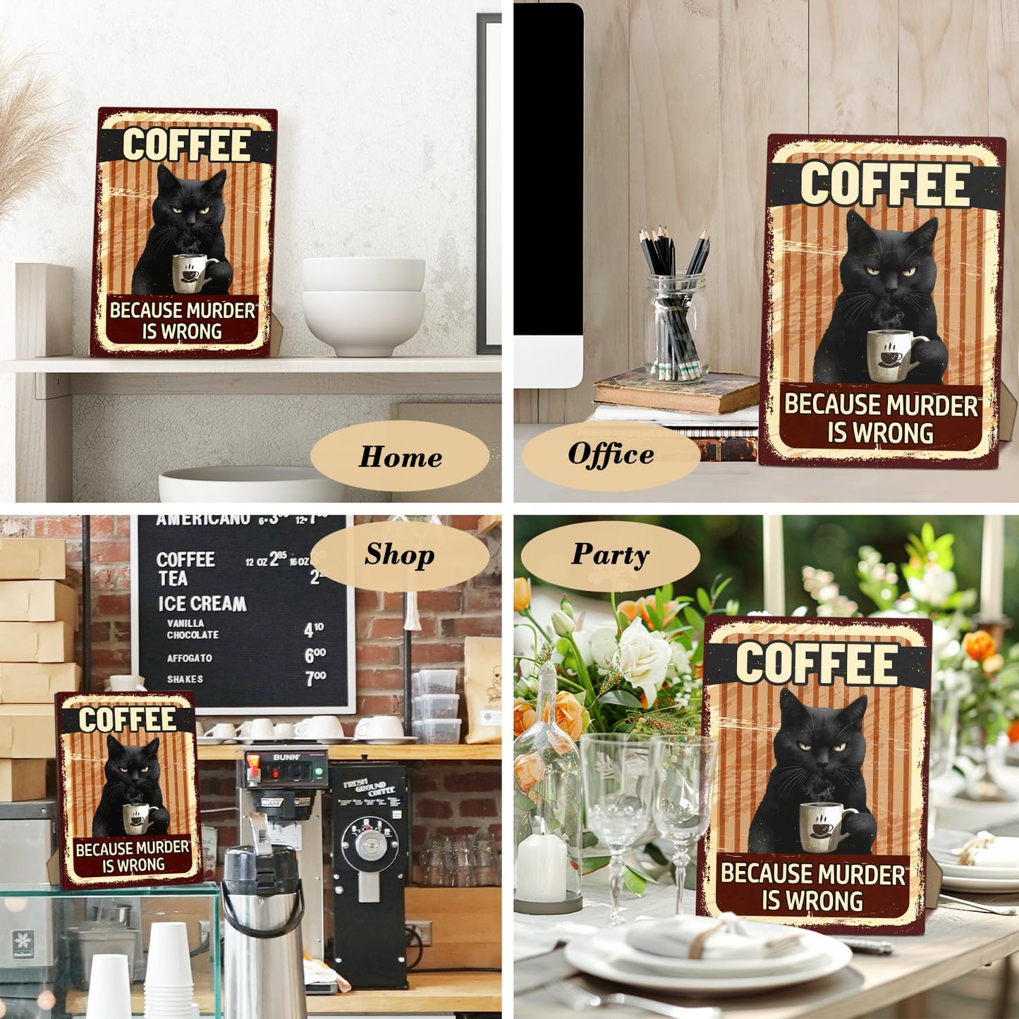Funny Coffee Bar Sign - Because Murder is Wrong, Black Cat Wooden Desk Decor With Stand For Coffee Bar, Office Home Kitchen Tabletop Decor, 8 x 11 Inches -A040