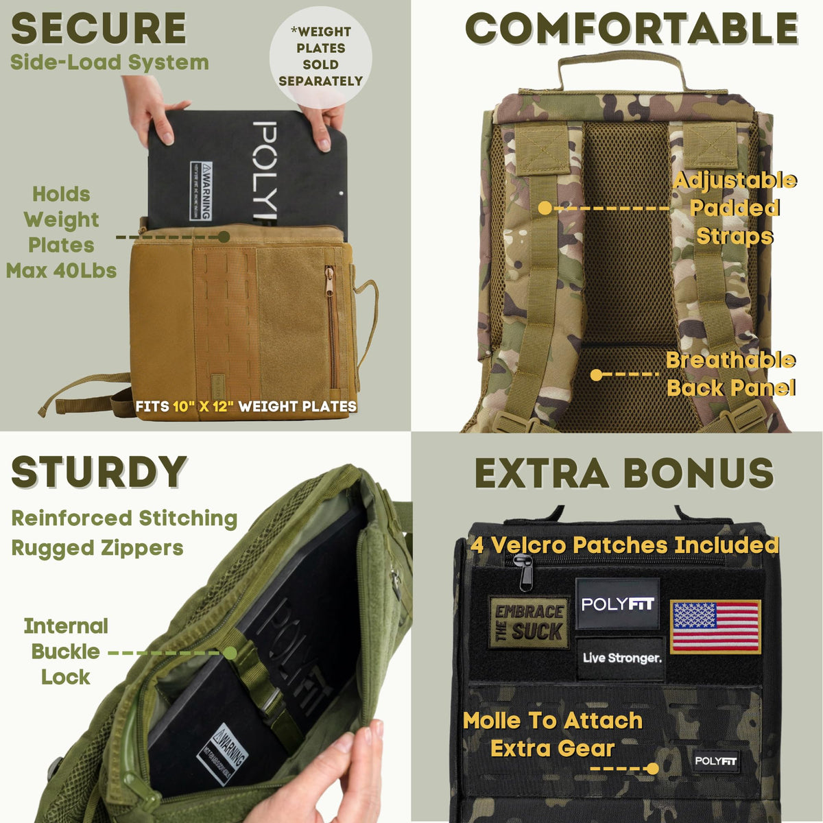 Polyfit Rucking Backpack 2.0 - Weighted Ruck Pack for Weight Plates - Patent Pending Side-Loading Rucksack for Walking, Running, Rucking, Strength and Endurance Training - Green