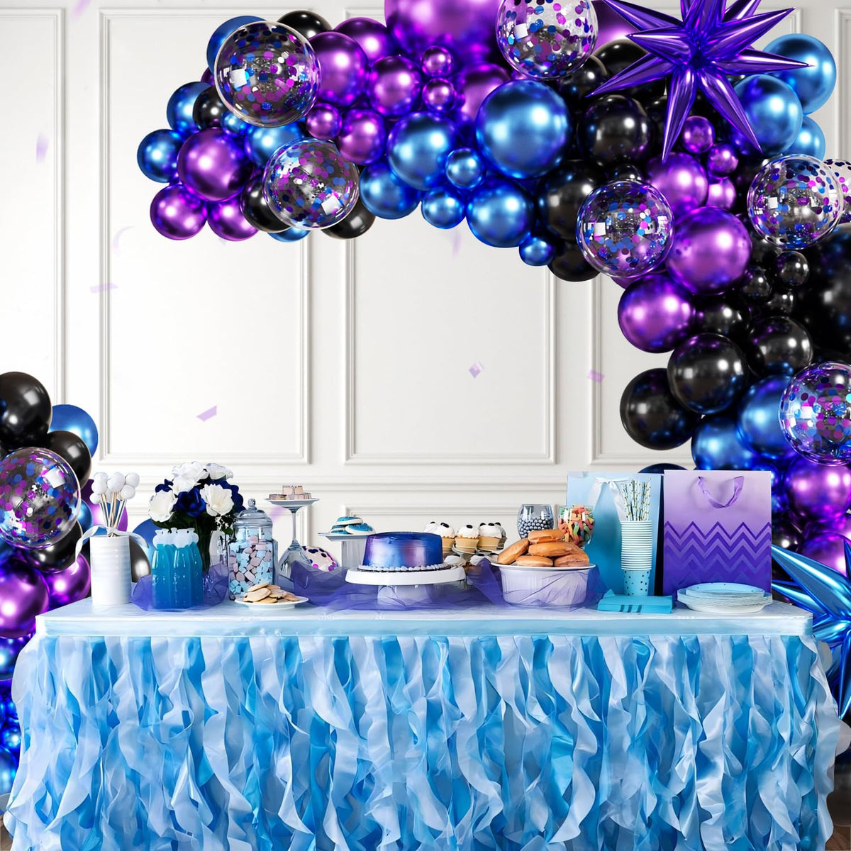 Black Purple Blue Balloon Garland Arch Kit, 140Pcs Metallic Blue Purple Teal Balloons Confetti Balloons with Stars for Fun Play Party Decorations Baby Shower Engagement Birthday Party Decorations
