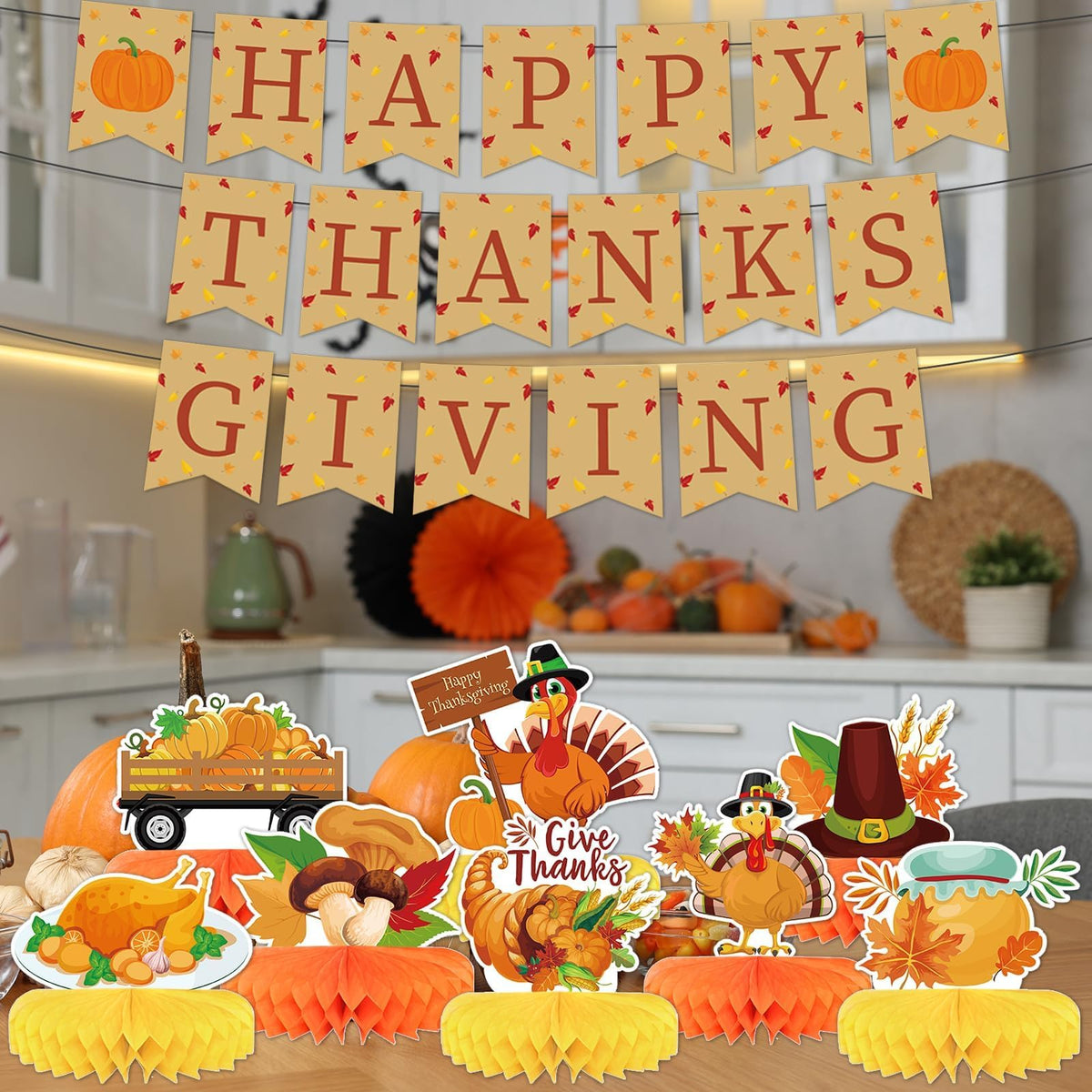 10pcs Thanksgiving Table Decorations Thanksgiving Honeycomb Centerpiece Party Decoration Thanksgiving Banner Set Fall Table Decor Turkey Pumpkin Truck for Autumn Theme Thanksgiving Party