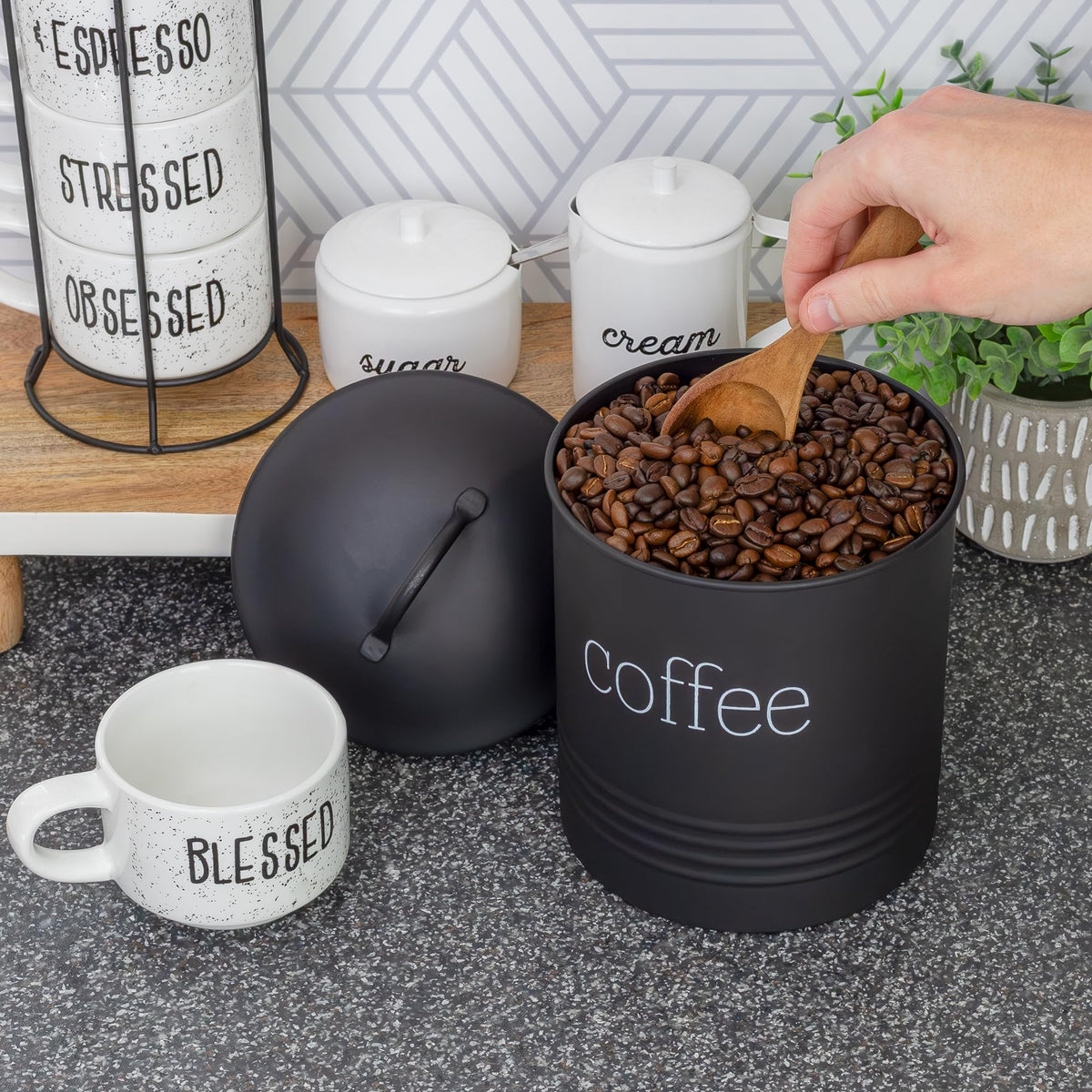 AuldHome Design Enamelware Black Coffee Canister; Modern Farmhouse Style Coffee Storage for Kitchen