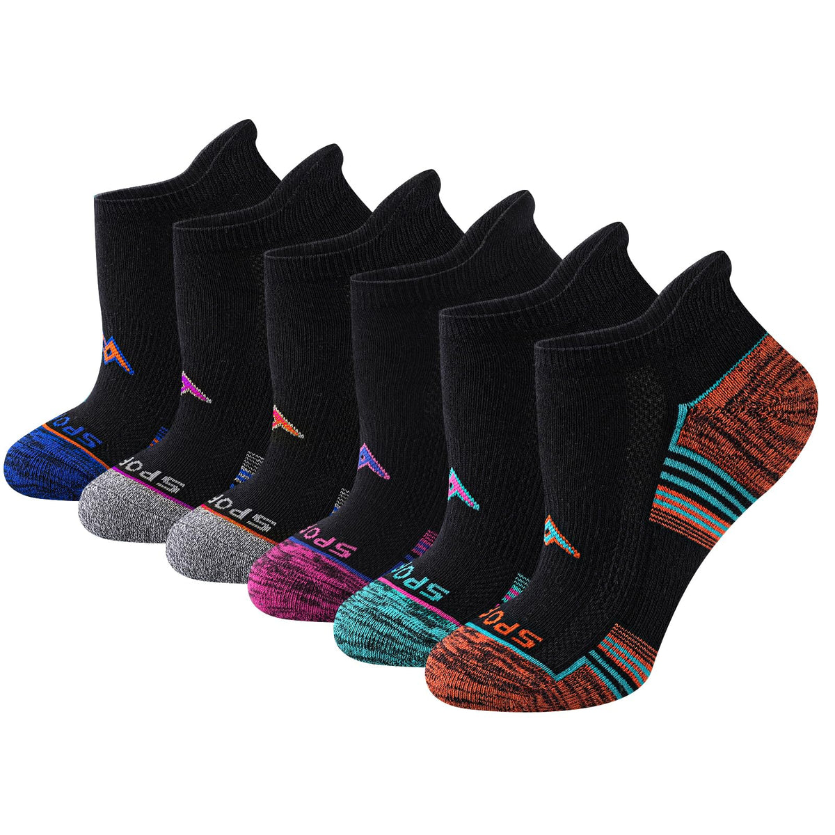 SukModen Women's Performance Athletic Socks 6/12 Pairs, Cotton Ankle Socks with Heel Tab & Cushioned Sole for Running, Gym, Fitness, Multi-Color on Black, 6 Pairs, S