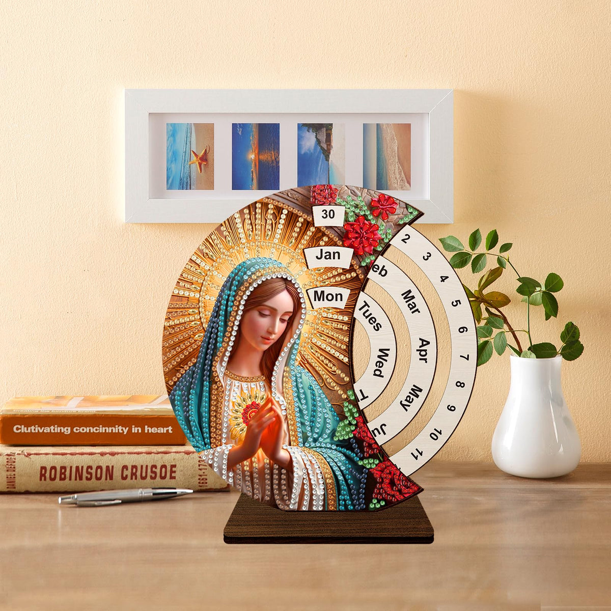 F-CANLAN 5D Diamond Painting Decorations Ornaments - Virgin Mary Pray Calendar Decorated Desktop Diamond Dots Arts Crafts Set Virgin Mary Calendar Decorated Desktop Paint with Diamonds (19X18 CM)