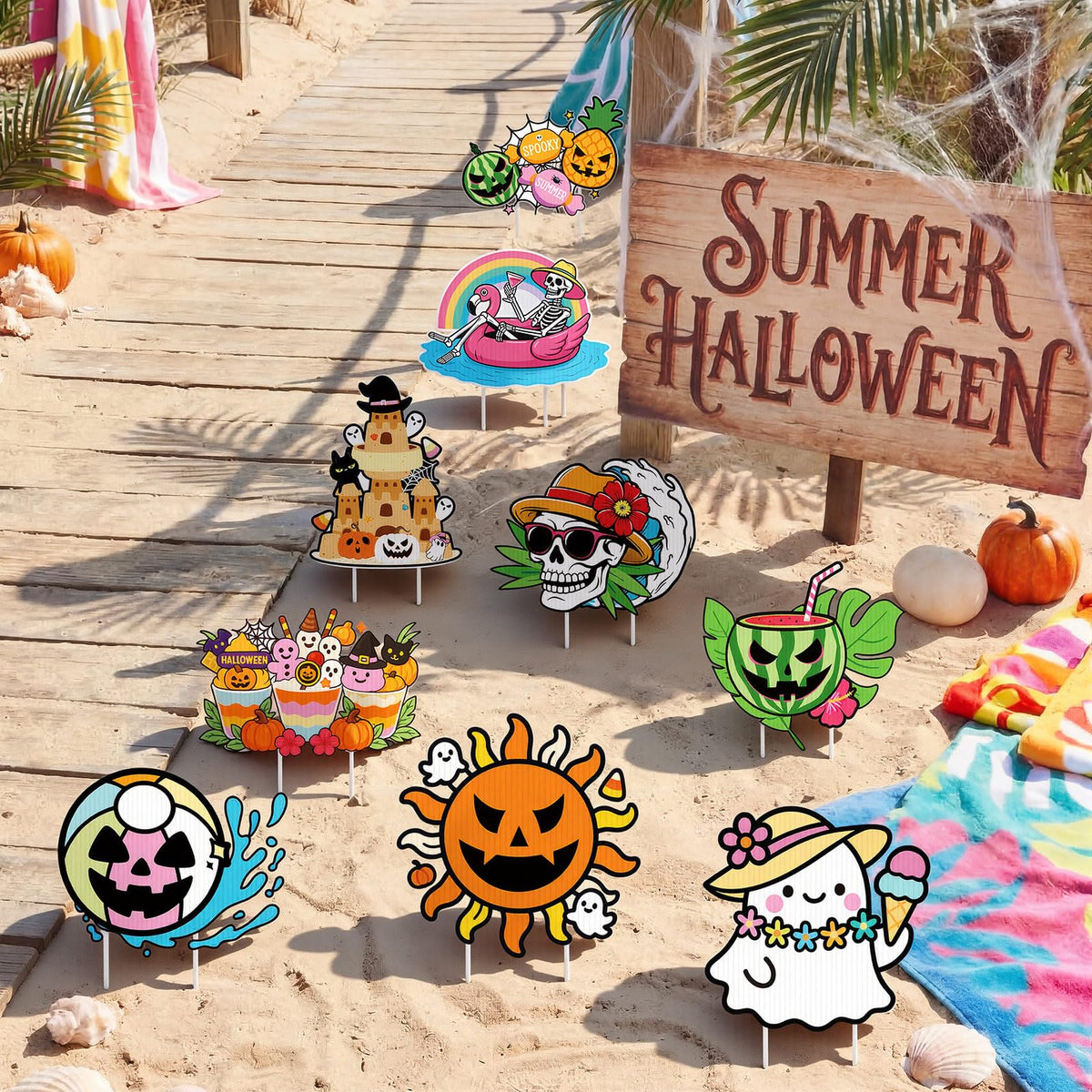 SiliFine 9 Pcs Summer Halloween Yard Decor Signs with Stakes Outdoor Plastic Lawn Decorations, Skeleton Ghost Pumpkin Beach Sand Themed for Summer Halloween Party Garden Decorations