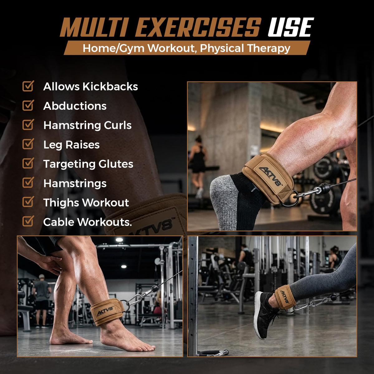 AKTV8 Ankle Straps for Cable Machine – 9mm Padded Neoprene Ankle Cuffs with Heavy Duty Dual D-Rings for Secure Glute Kickbacks, Hip Abductions, Cable Leg Curls & Lower Body Workouts (Brown, Single)