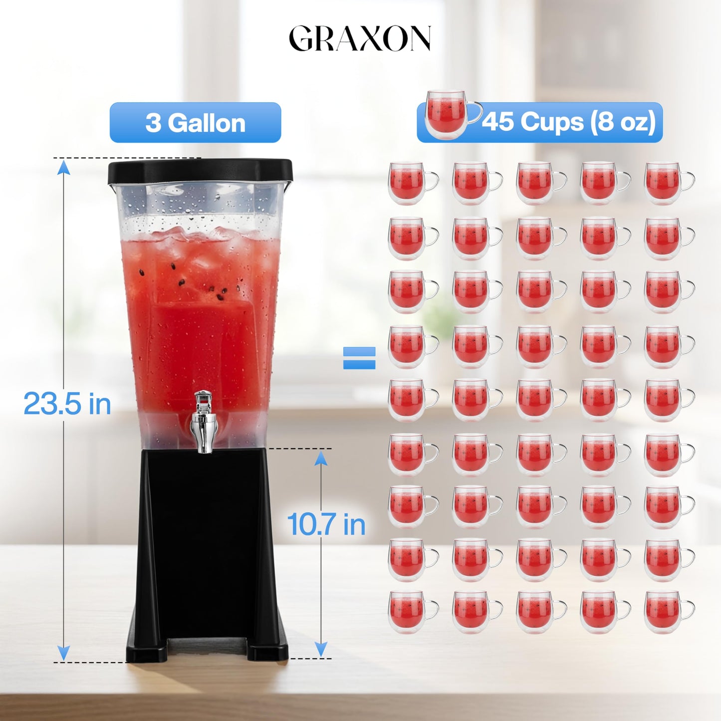 Large Drink Dispensers for Parties (3 Gallon) Slim Plastic Beverage Dispenser with Base for Counter Tops, No Mess, Easy to Assemble & Wash (2 Pack)