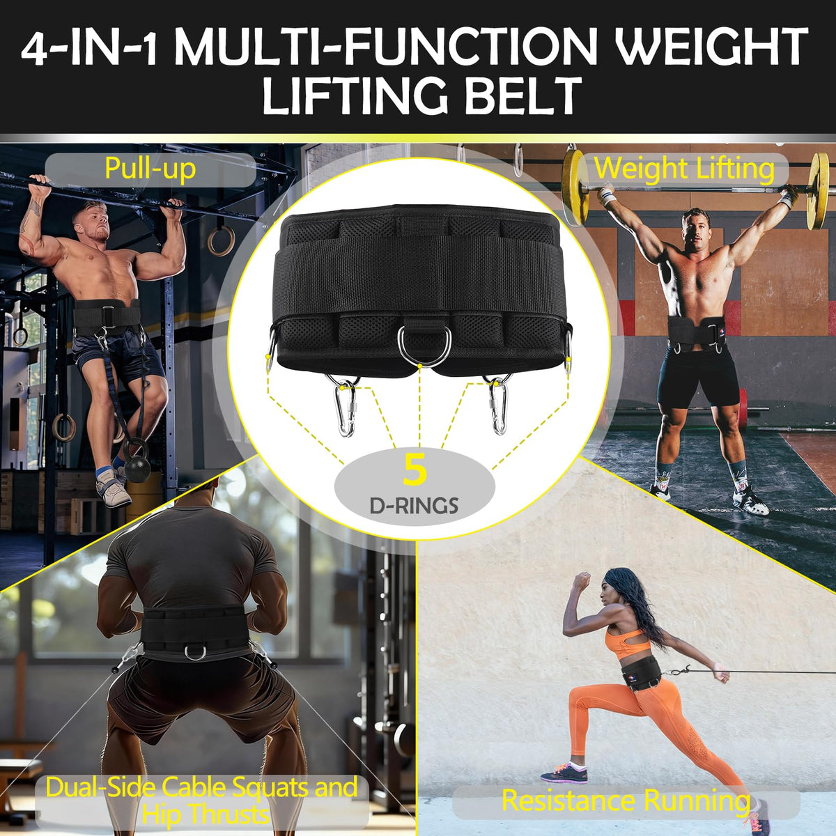 5 D-Rings Weightlifting Belt & Dip Belt with Adjustable 8- Loop Nylon Strap, Weighted Gym Belts for Pull Up, Dips,Squat, Powerlifting & Deadlift, Weight Lifting Belt with Structured Back Support