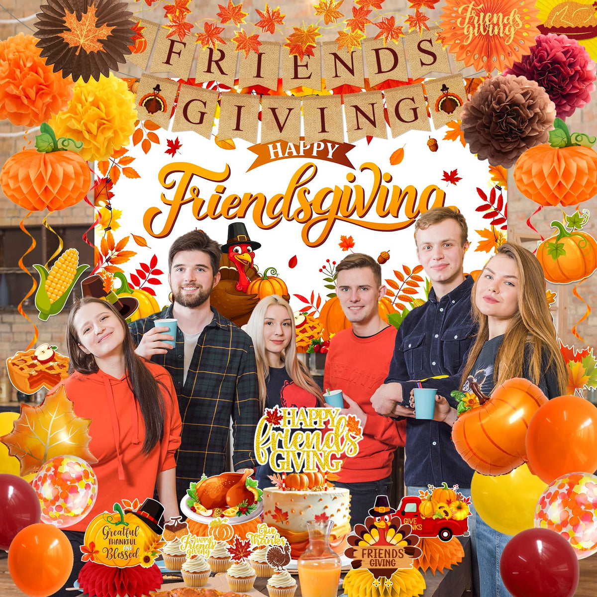 Friendsgiving Decorations - Autumn Thanksgiving Party Supplies Include Happy Friendgiving Backdrop,Honeycomb Centerpiece,Pom Poms and Pumpkin Balloons