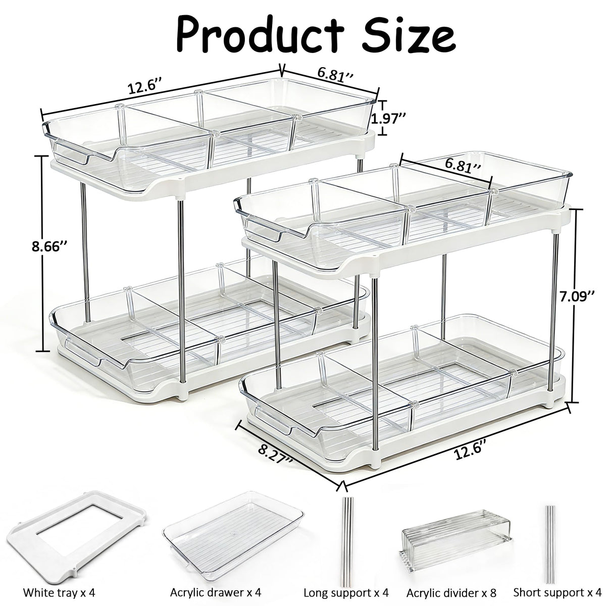 Organizer with Acrylic Drawers and Dividers, White, 12.6" x 8.27" x 8.66", Multi-Purpose Storage Both Samll and Large