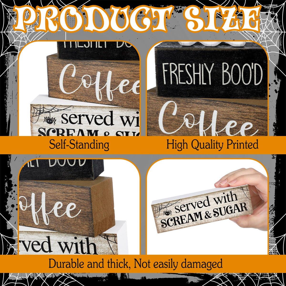Lineshading 4 Pcs Halloween Table Decor Coffee Ghost Wooden Sign Halloween Tiered Tray Decor Farmhouse Ghost Tabletop Centerpiece Decorative Coffee Bar Block Signs for Home Office Kitchen Shelf