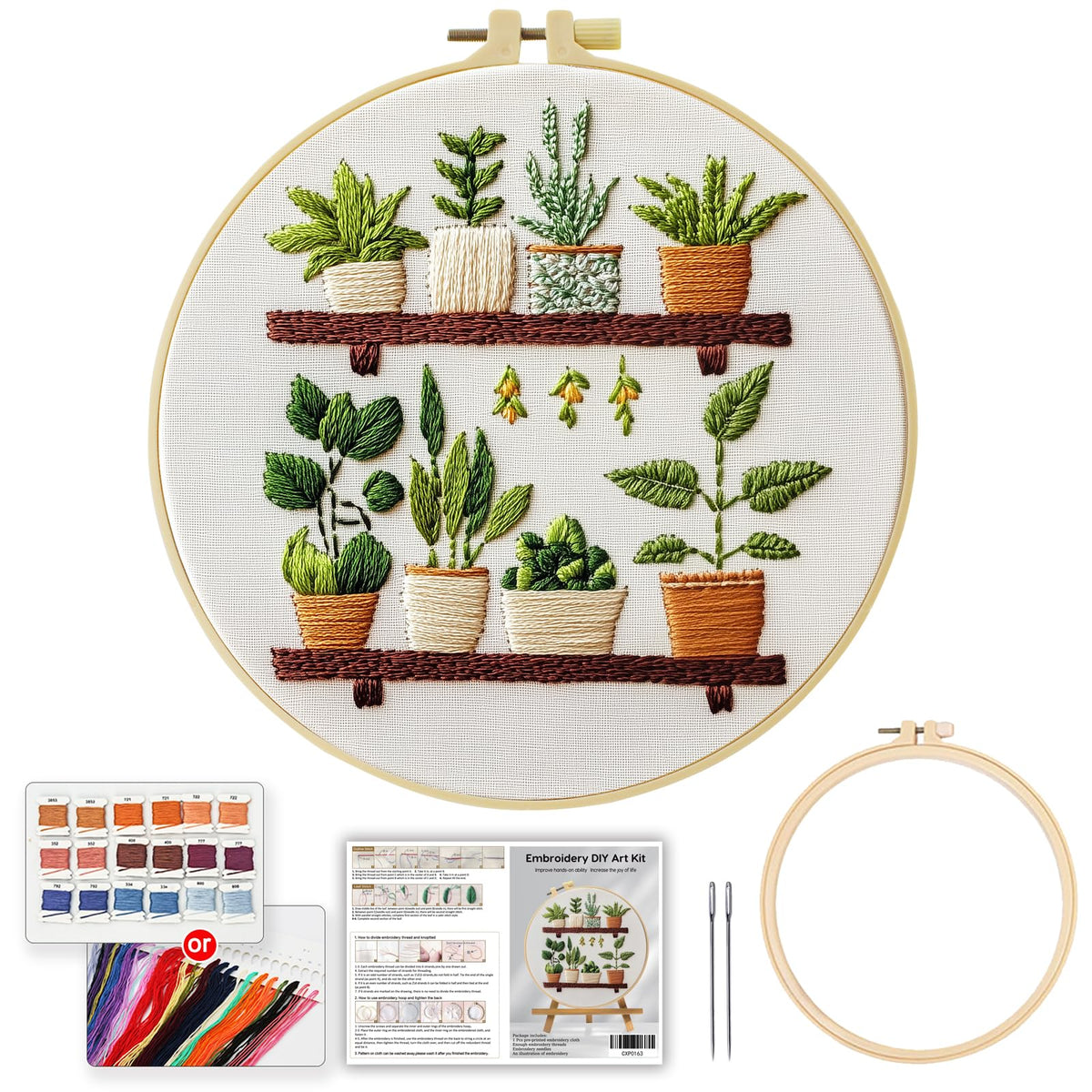 JOZYSH Full Range Embroidery Kit for Adult, Green Plant Pattern Embroidery Kit for Beginners Include Embroidery Cloth Hoops Threads for Craft Lover Hand Stitch with Embroidery Skill Techniques