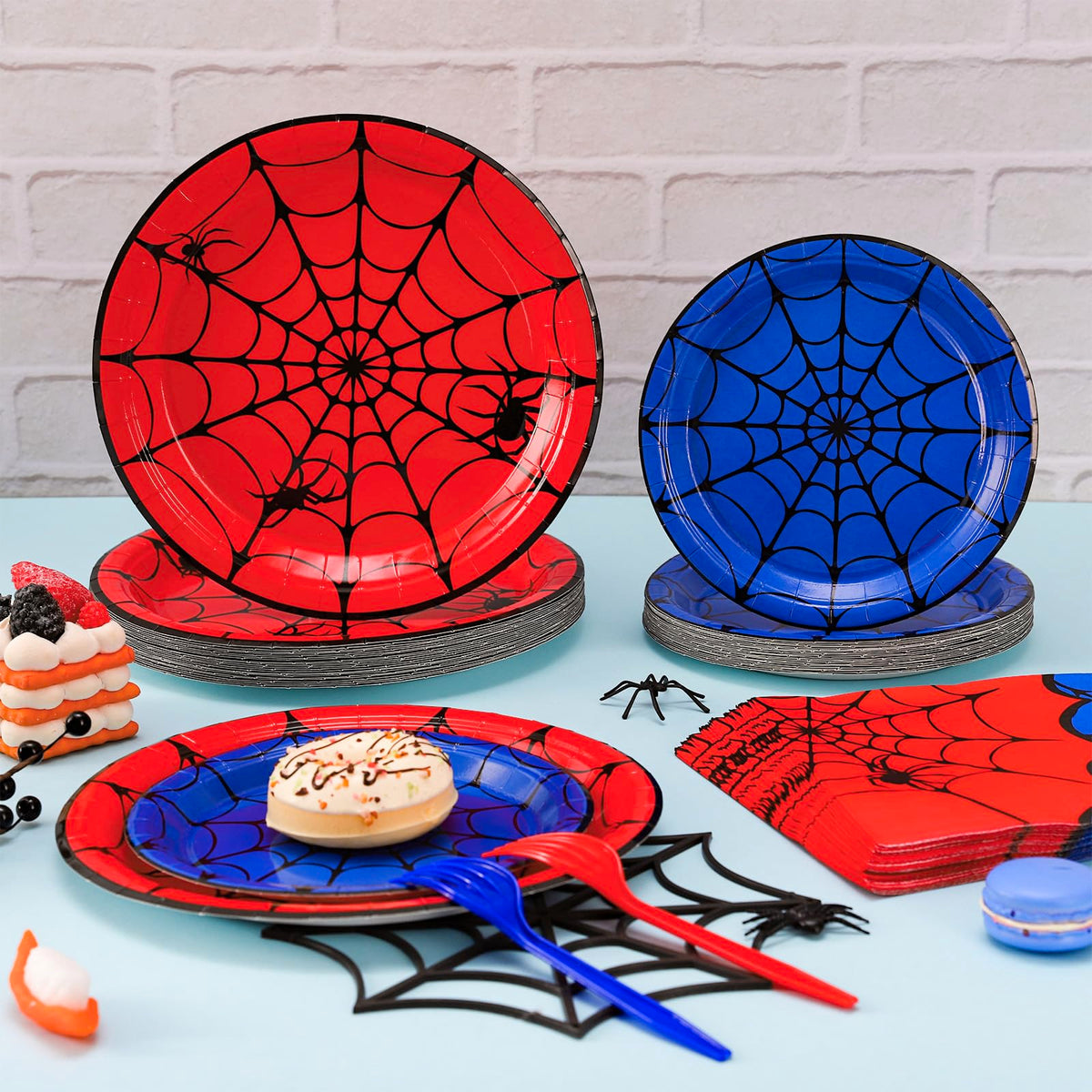 JarThenaAMCS 96 Pcs Spider Tableware Sets Serves 24 Guests Red Blue Spider Web Plates Napkins Forks Disposable Dinnerware for Halloween Birthday Party Favors
