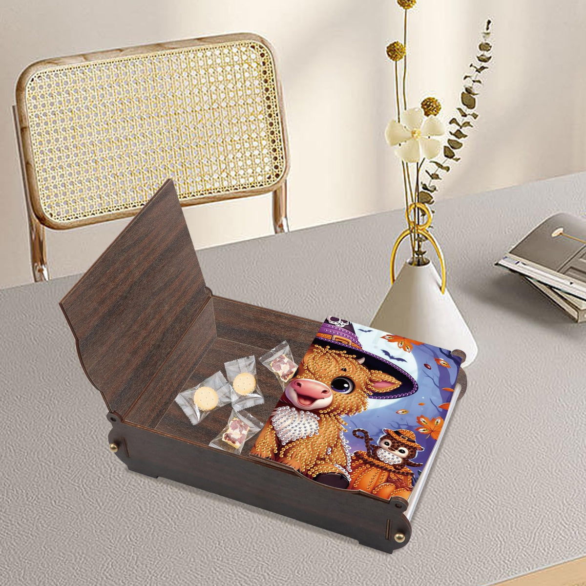 antor DIY Diamond Painting Wooden Storage Box, Halloween Cow and Pumpkin Special Shaped Rhinestone Art Flip Cover Organizer, Handmade Desktop Diamond Art Storage Box Decor