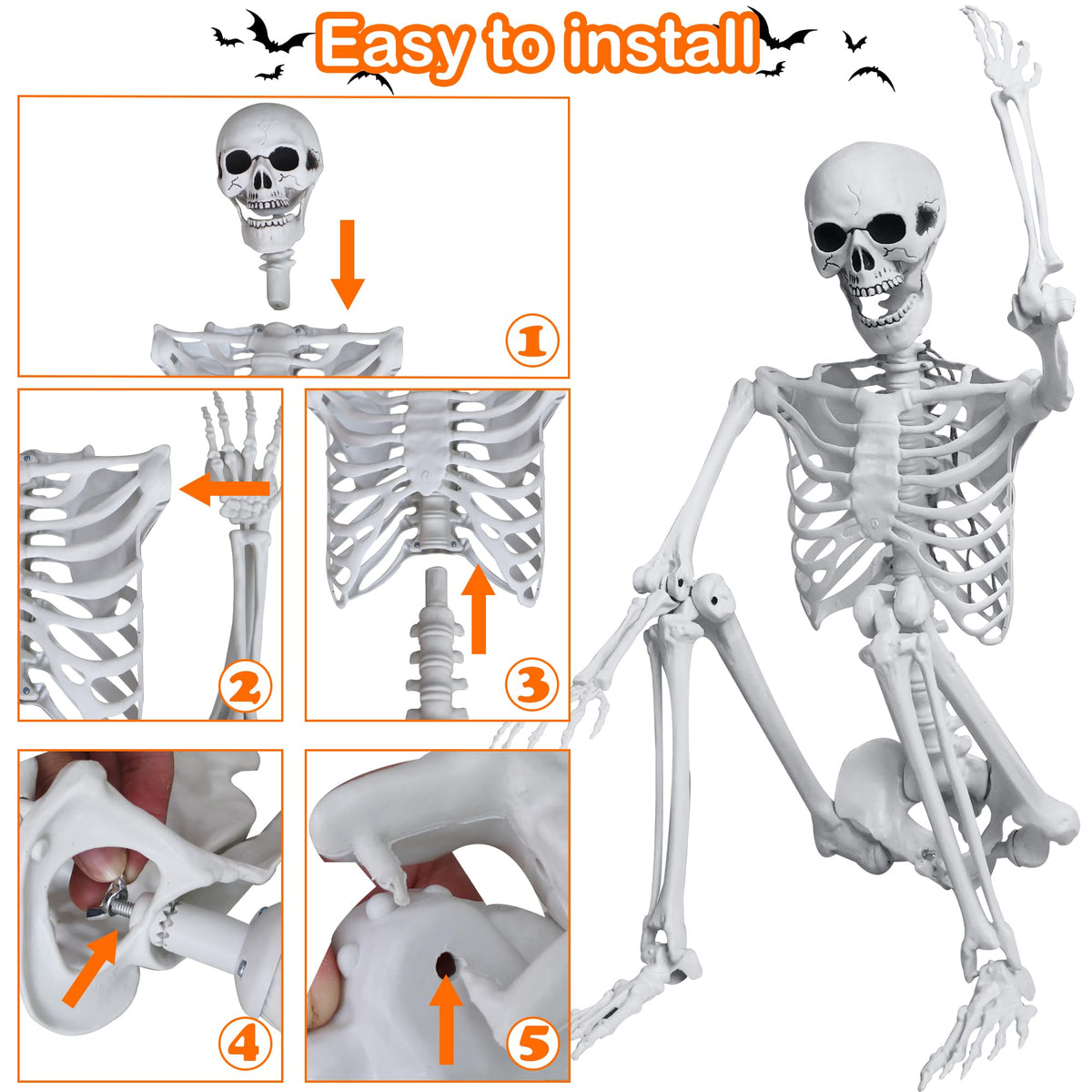LOSFOTBO 5.4ft/165cm Halloween Skeleton with Realistic Crows Full Body Plastic Human Bones with Movable Joints for Indoor Outdoor Halloween Decor