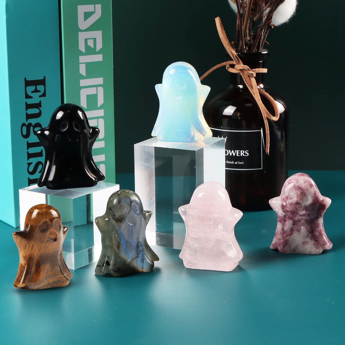Artistone Tigers Eye Crystal Ghost Statue 2 inch Ghost Figurine Natural Gemstone Hand Carved Statue for Halloween Carnival Home Decor Desk Decoration