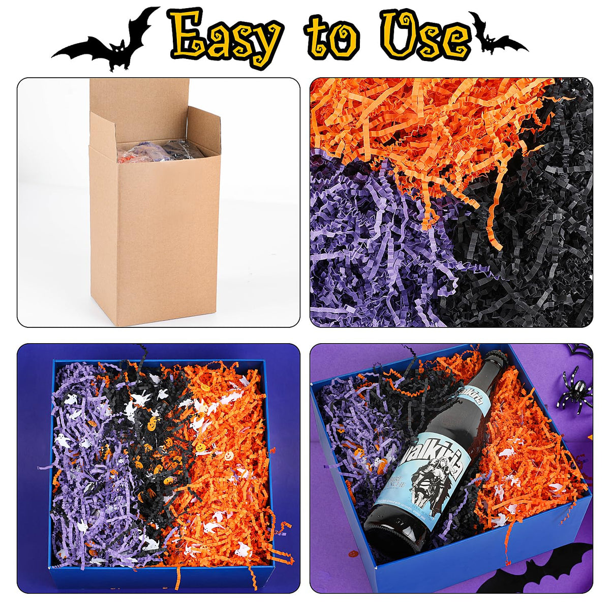 FOIMAS Halloween Crinkle Cut Paper,9.87oz Black Orange Purple Shred Raffia Paper with Pumpkin Ghost Confetti for Trick or Treat Halloween Bakset Gift Packaging Supply