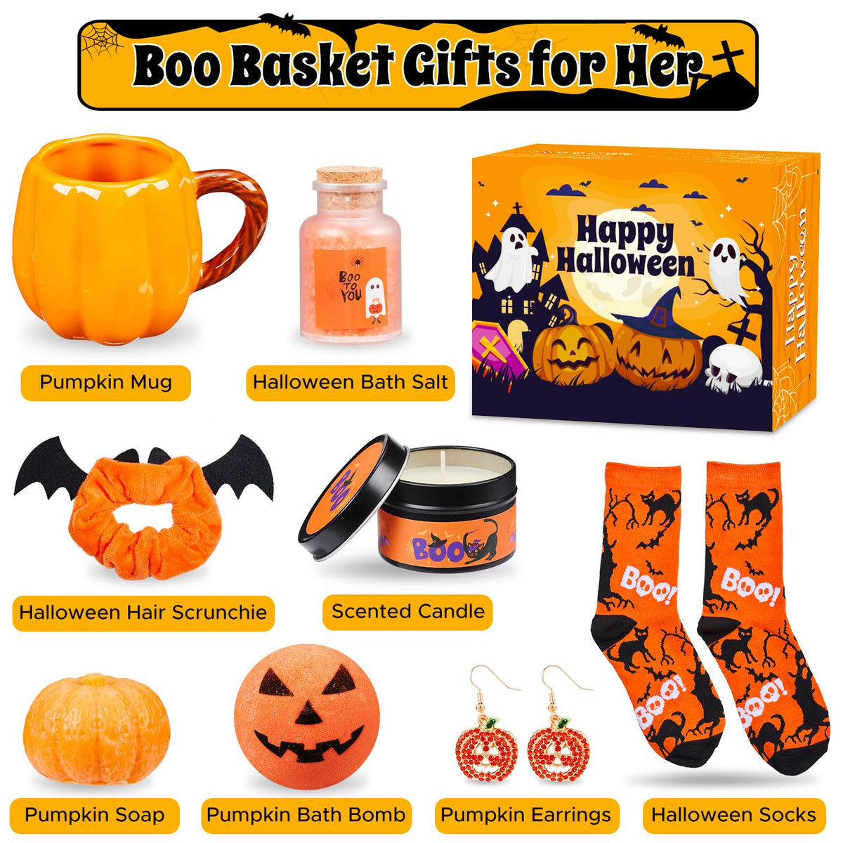Larchio Boo Basket Stuffers for Women Teen Girls, Halloween Gifts for Teens Adult with Pumpkin Mug Halloween Socks and Self Spa Gift for Family Friends