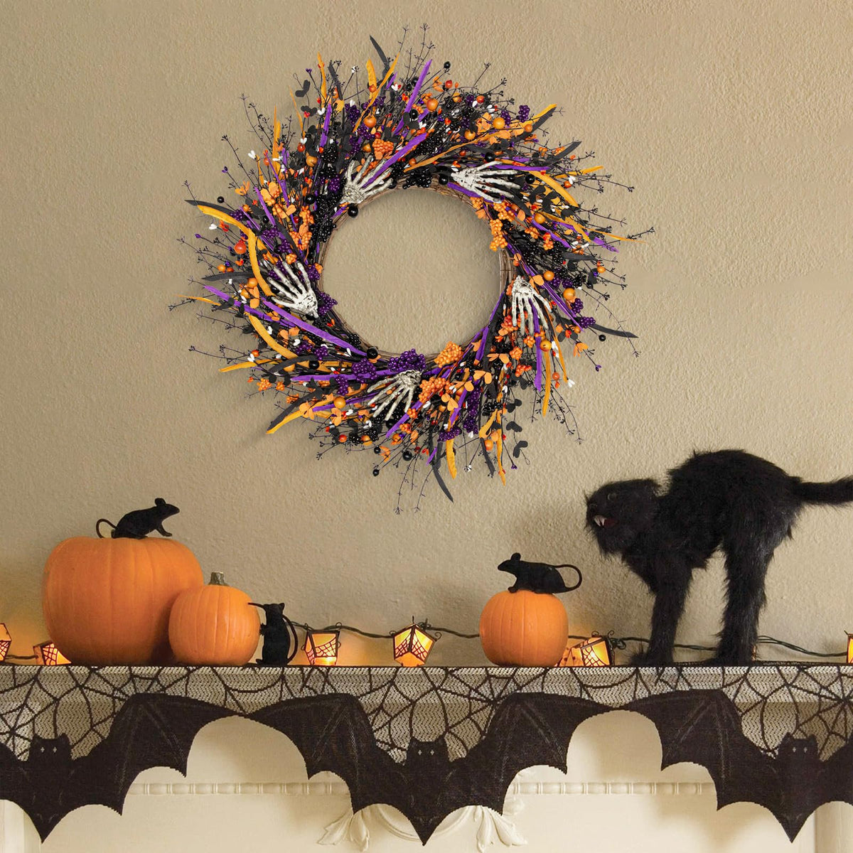 VioletEverGarden Halloween Wreaths for Front Door 22 Inch Skeleton Black Wreath Handmade Halloween Door Wreath with Purple and Orange Berries for Gothic Decorations