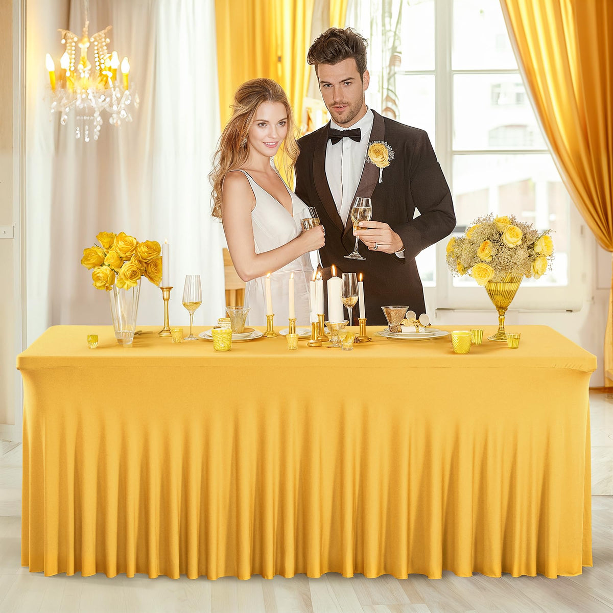 PARTISKY Golden Spandex Tablecloth for 6ft Rectangle Tables, Stretchable Table Cover Skirt for Folding Tables Weddings Parties Banquets Events Trade Shows and Dessert Table