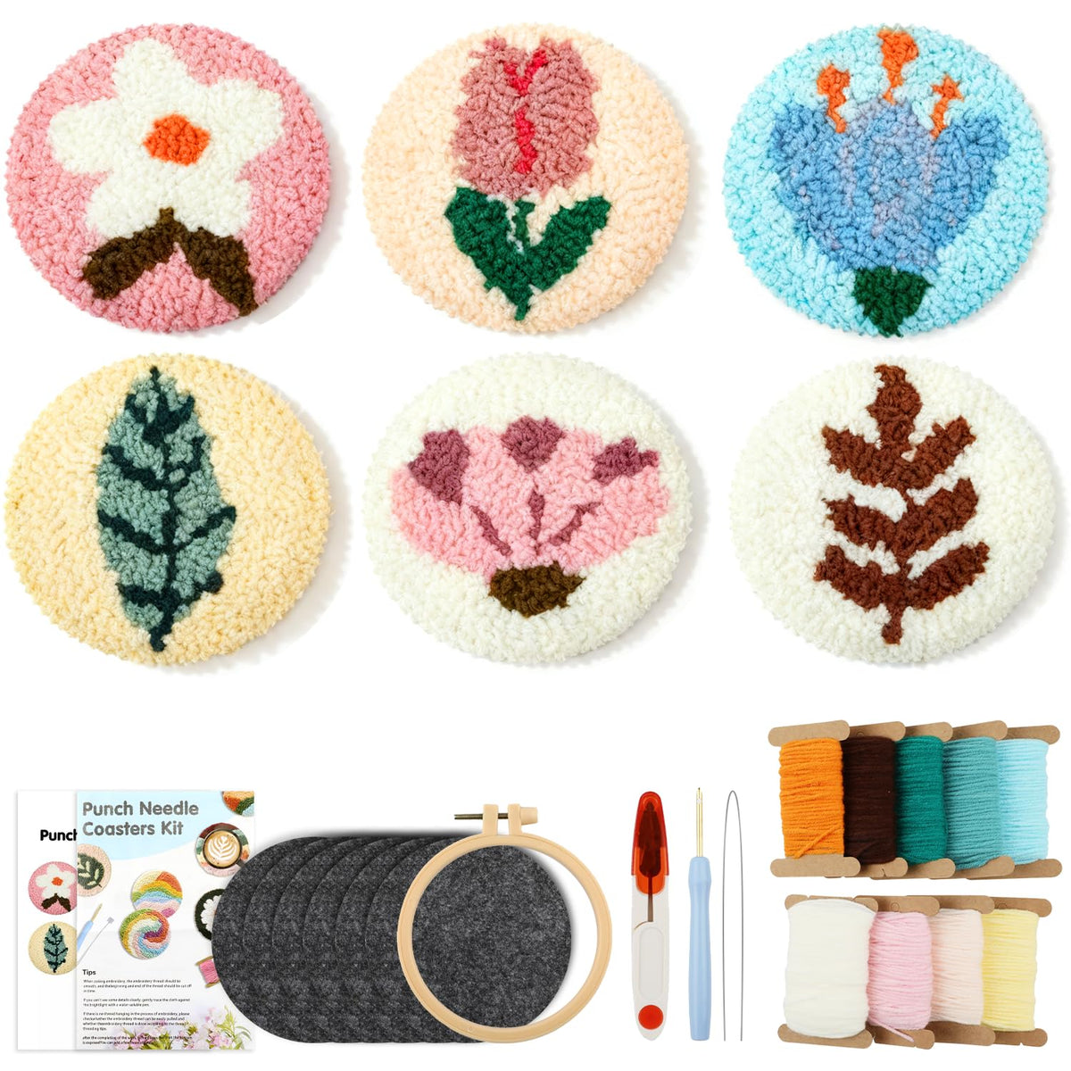 6 Pcs Punch Needle Coaster Kit for Adults Beginner, Plant Floral Punch Needle Embroidery Kit with Yarns, Hoop, Threader, Felt Cloths, Instruction, Coaster Making Supplies for Home Decor, Gift Making