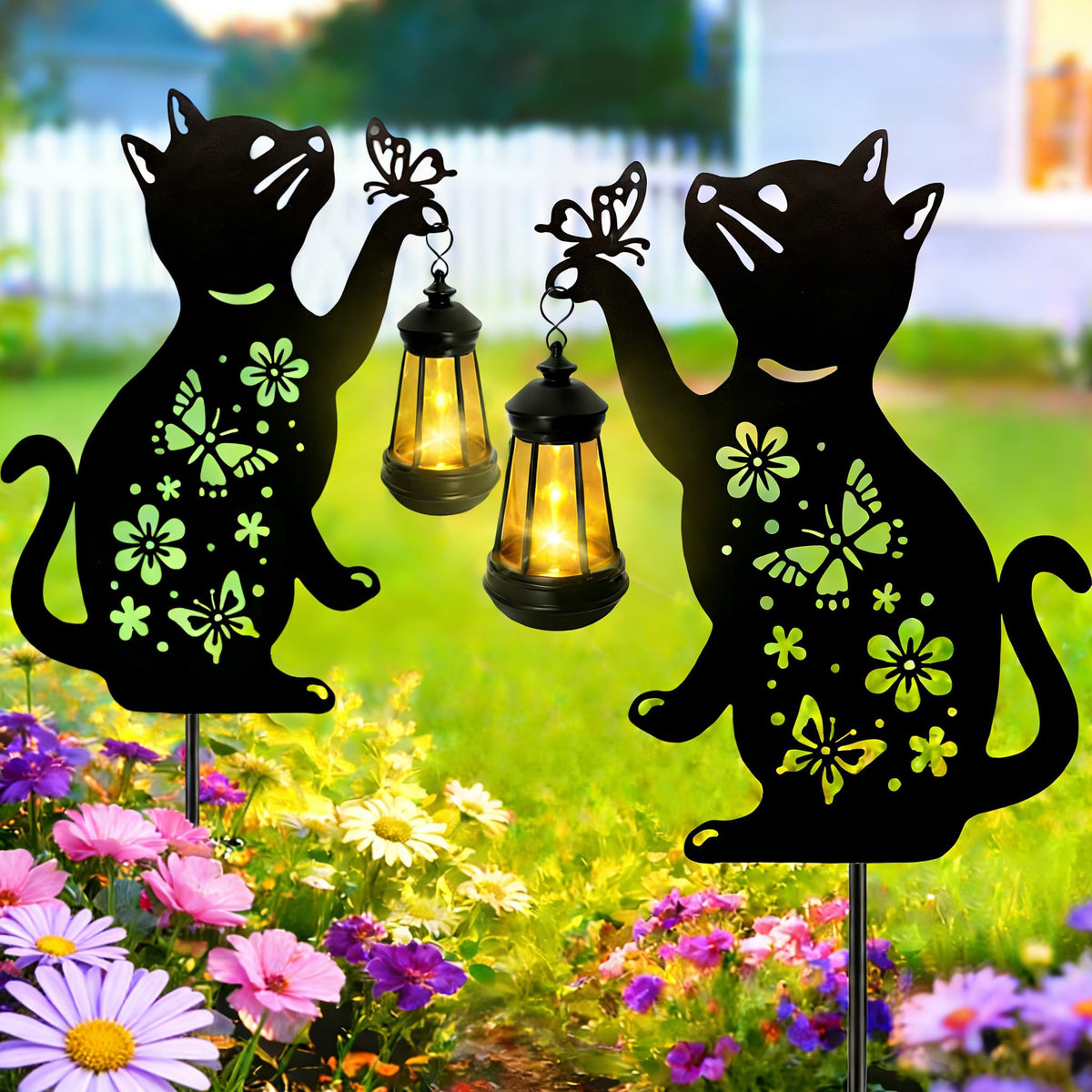 Cat Solar Lights Outdoor, 2 Pack Black Cat Hanging Lantern Waterproof, Cat Lover Gifts for Women Mom Birthday Mother's Day, Metal Garden Statue Yard Decor Patio Pathway Backyard Lawn Ornaments