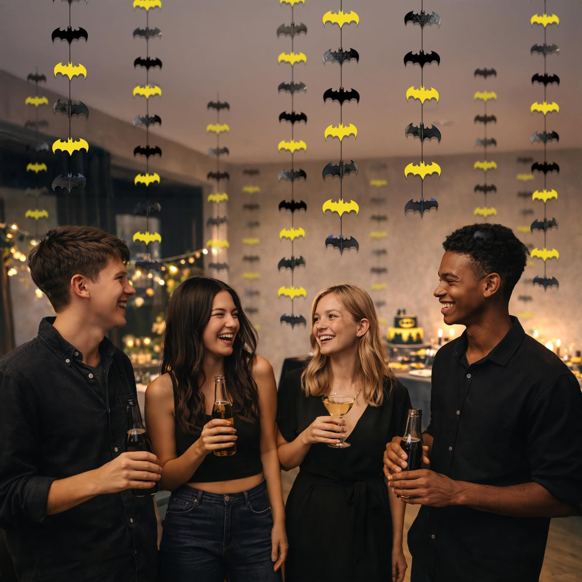 Cheerland Bat Birthday Decorations Black and Yellow Super Hero Birthday Party Supplies Bat Themed Streamers Photo Backdrop Hanging Paper Comic Book Superhero Garland Kids Party Supplies Decor 10 Pcs
