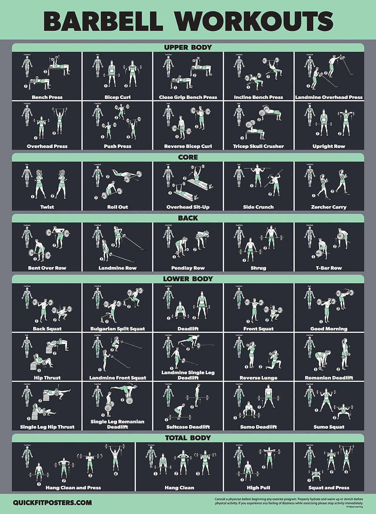 20 Pack - Exercise Poster Set: Dumbbell, Suspension, Battle Rope, Stretching, Bodyweight, Barbell, Yoga, Exercise Ball, Muscular, Kettlebell, Resistance Bands and More [Dark] (LAMINATED, 18” x 24”)