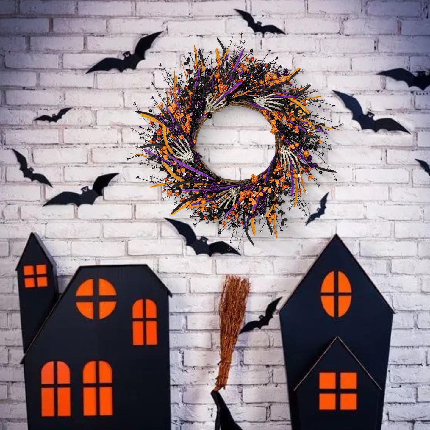 VioletEverGarden Halloween Wreaths for Front Door 22 Inch Skeleton Black Wreath Handmade Halloween Door Wreath with Purple and Orange Berries for Gothic Decorations