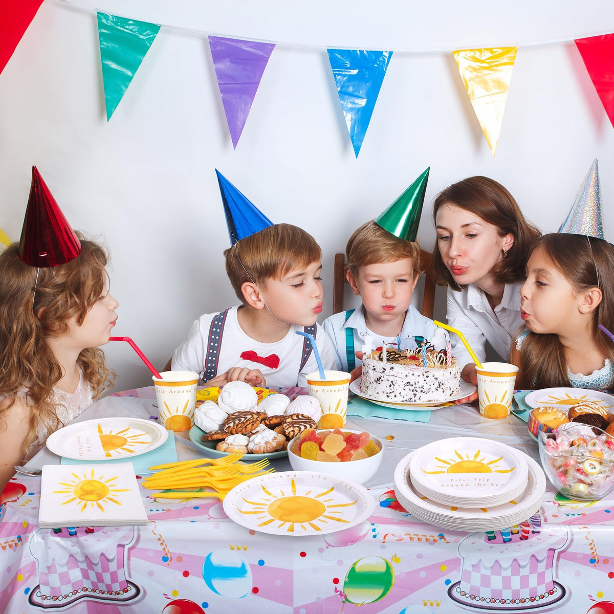 Kochorie 144 Pieces Boho Sun Birthday Party Decorations Tableware Sets Including Disposable Bohemia Sunshine Plates Napkins Cups Forks Serves 24 for Sun Baby Shower Party Supplies