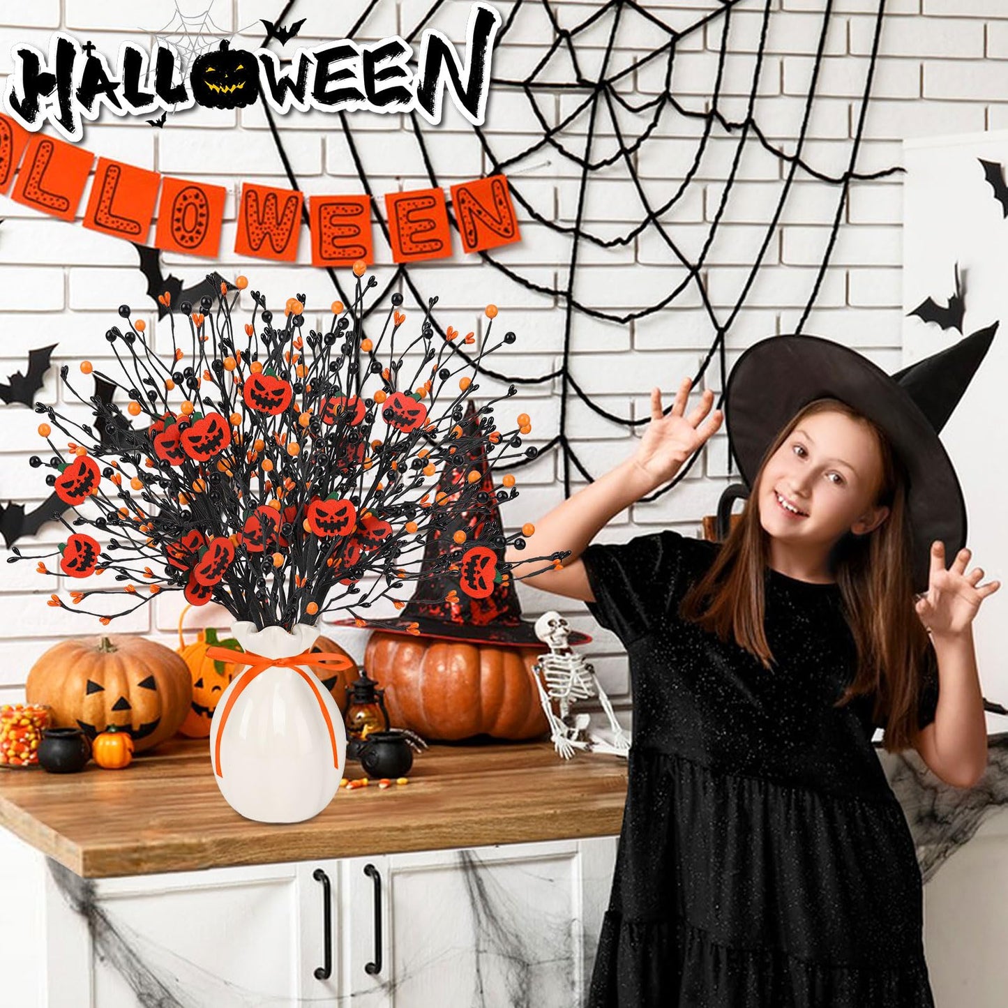 JUNEBRUSHS 6 Pcs Artificial Pumpkin Stems with Black Branches and 2 Roll Ribbons for Halloween Vase Bouquet Arrangement Wreath Table Centerpiece Home Party Decor