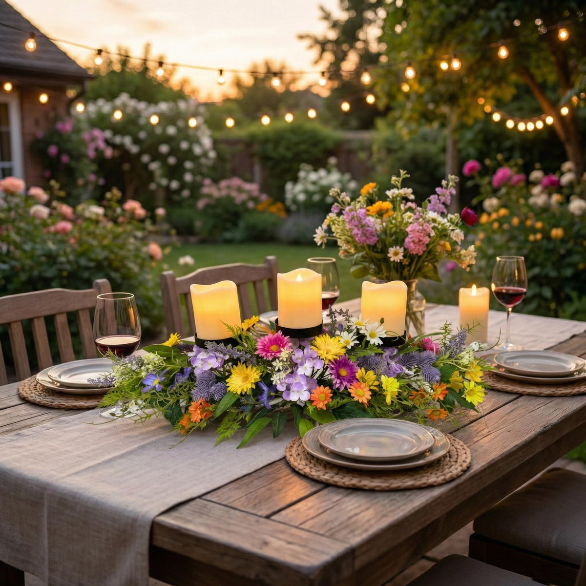 Lnymura 26 Inch Spring Summer Centerpiece with 3 Candle Holders Floral Table Centerpiece with Daisies and Wildflowers for Dining Table Mantel Wall and Farmhouse Table Decoration