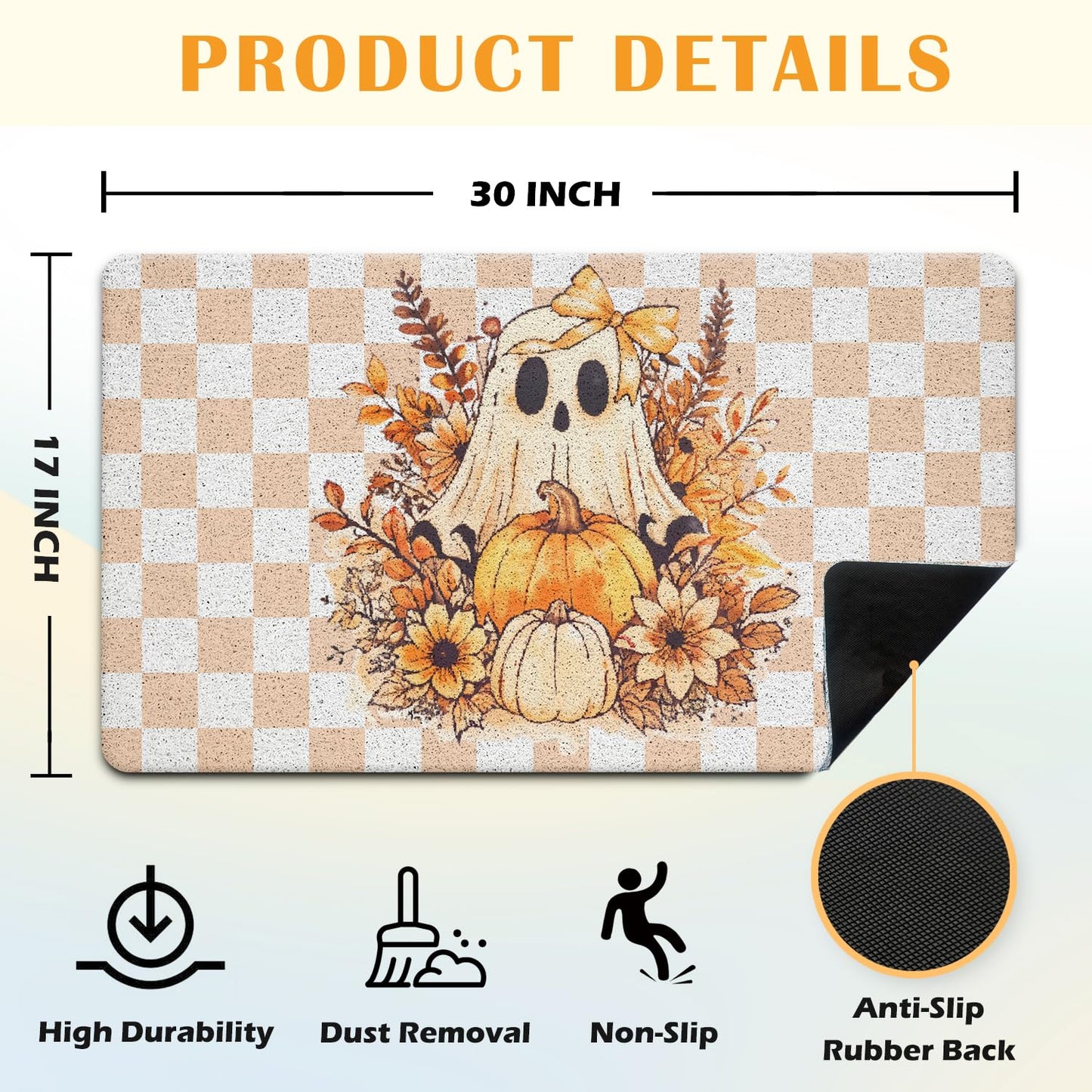 JINYO Halloween Ghost Door Mat, Fall Floral Ghost Pumpkin Doormat Indoor Outdoor Entrance Entryway Porch, 70s Retro Orange Checkered Halloween Welcome Mats, 17x30 Inch