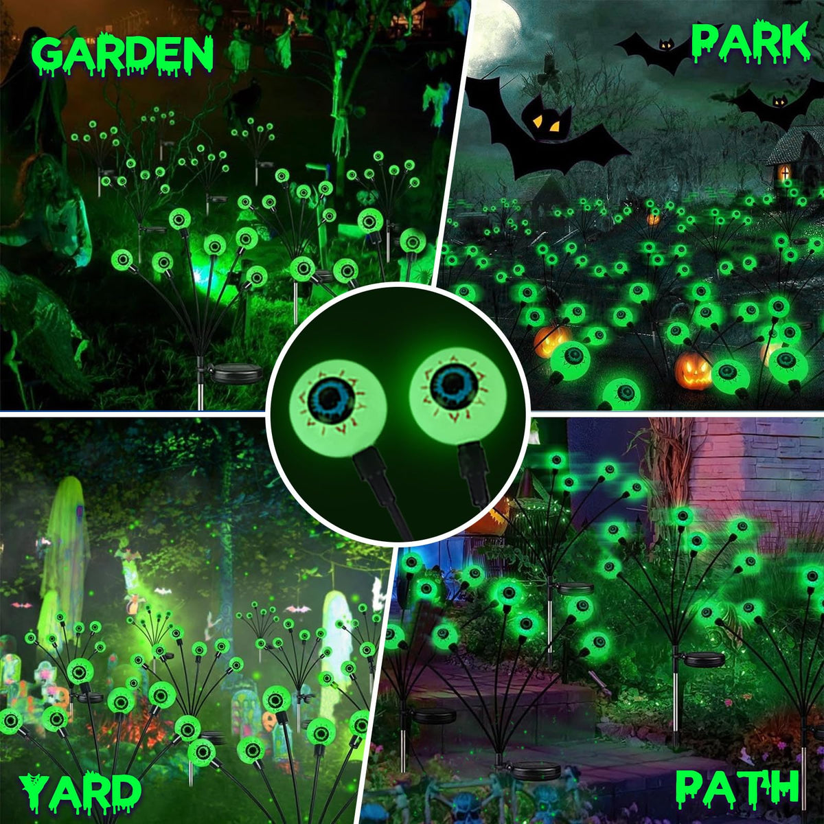 YIQU 4 Pack Solar Halloween Lights Outdoor, Solar Eyeball Lights, 24 LED Green Eyeball Swaying Light with 2 Lighting Modes, Waterproof Outdoor Halloween Decorations for Walkway Yard Lawn Horror Party