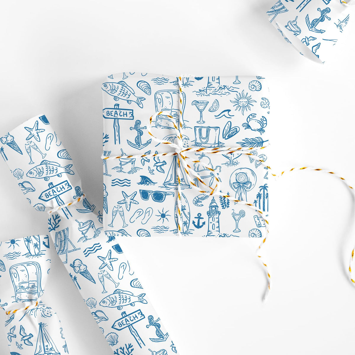 FYSUIMU Summer Wrapping Paper -Mini Roll- 17 Inch x 32.8 Ft Blue White Beach Fish Gift Wrap Paper Tropical Art Papers for Luau Pool Party Baby Shower Birthday DIY Crafts